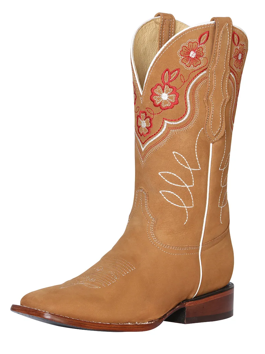 Botas Vaqueras Rodeo con Tubo Bordado de Flores de Piel Nobuck para Mujer 'El General' - ID: 42979