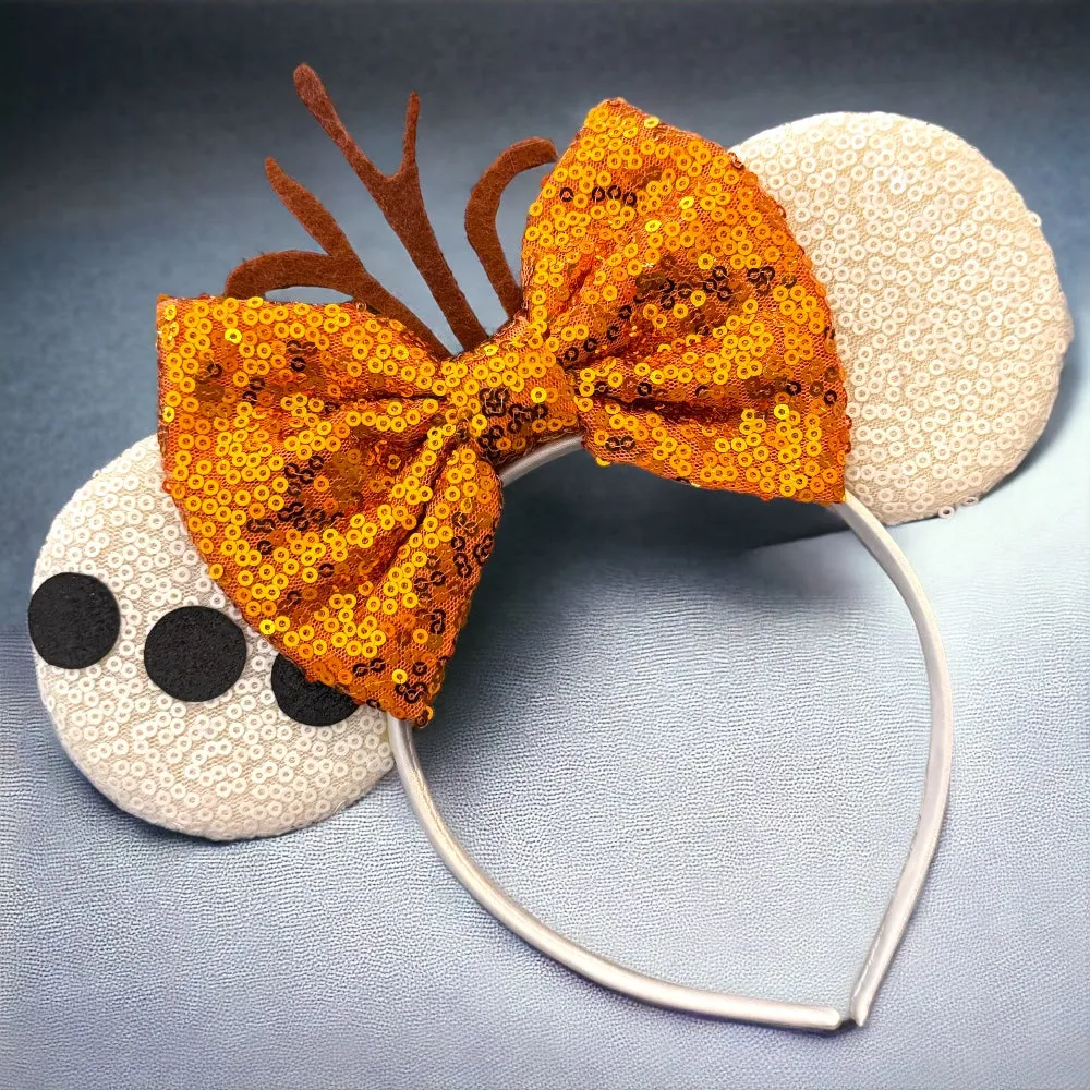 Brand New Frozen Inspired Mouse Ears Headband with Orange Sequin Bow - Olaf