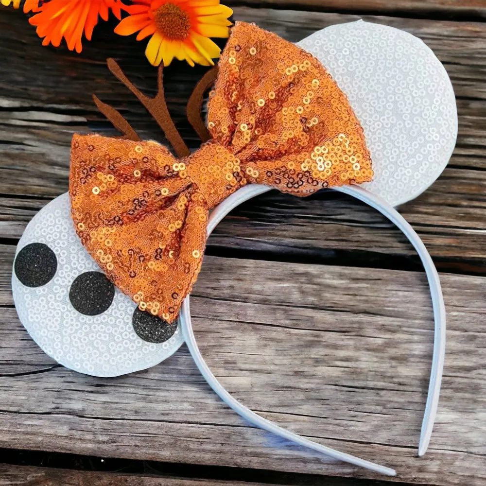 Brand New Frozen Inspired Mouse Ears Headband with Orange Sequin Bow - Olaf