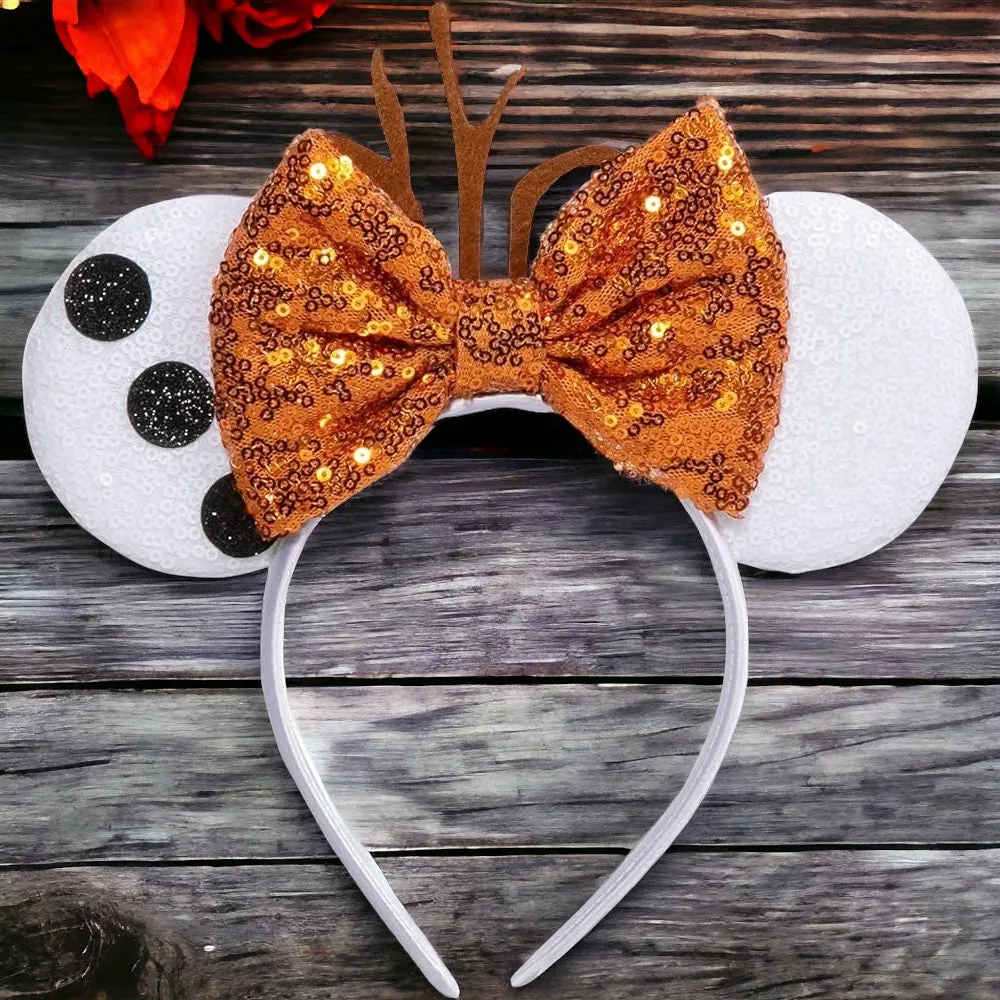 Brand New Frozen Inspired Mouse Ears Headband with Orange Sequin Bow - Olaf