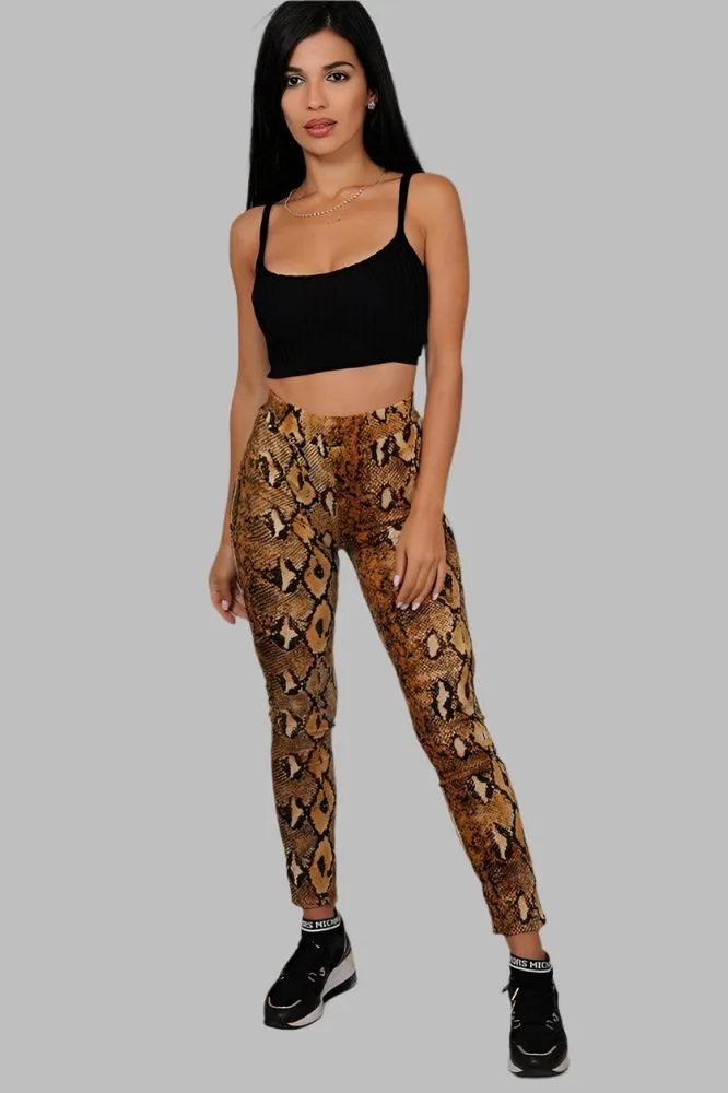 Brown Python Print High Waist Leggings