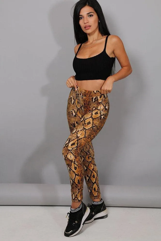 Brown Python Print High Waist Leggings