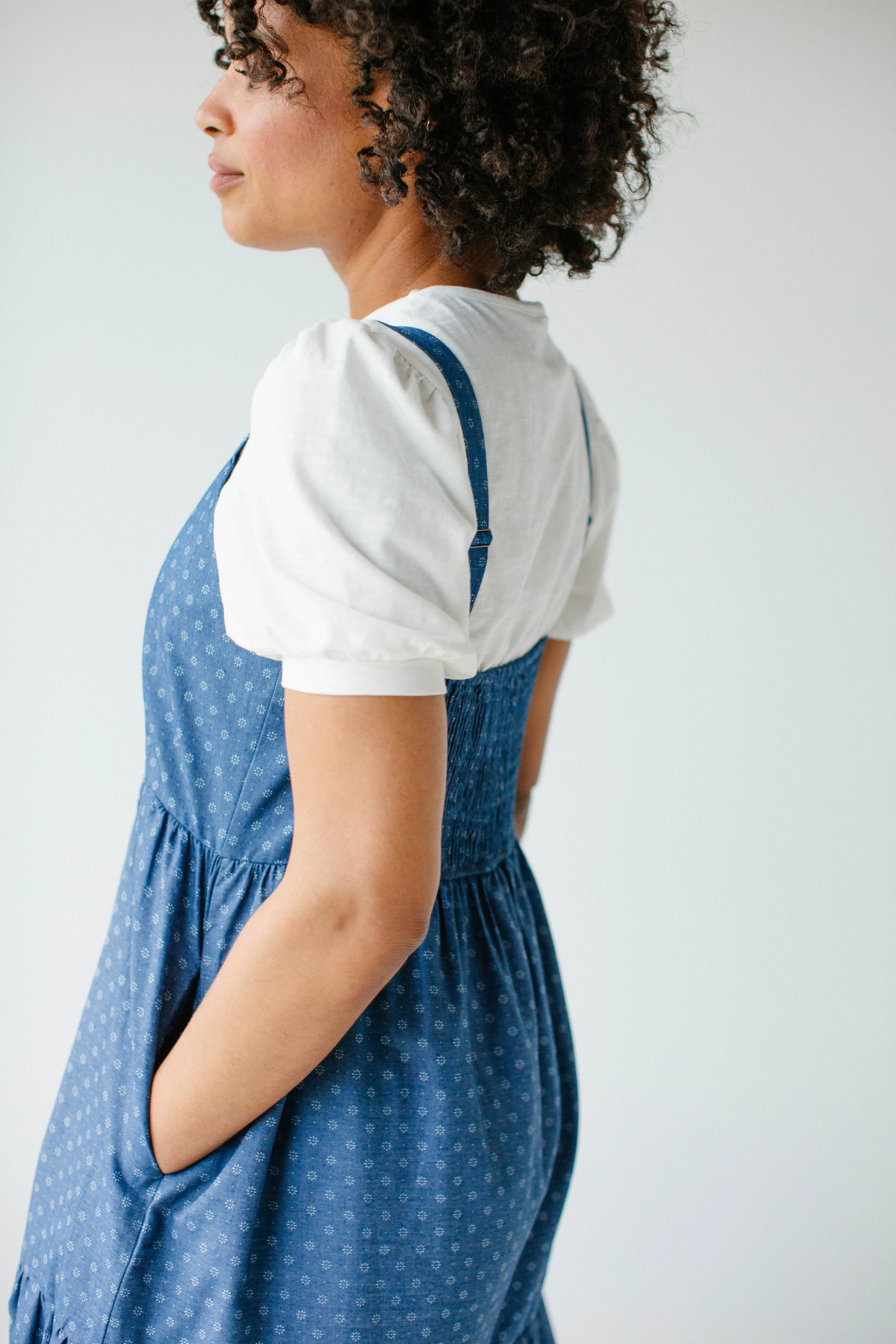 'Caprina' Printed Tiered Chambray Pinafore Dress in Deep Blue