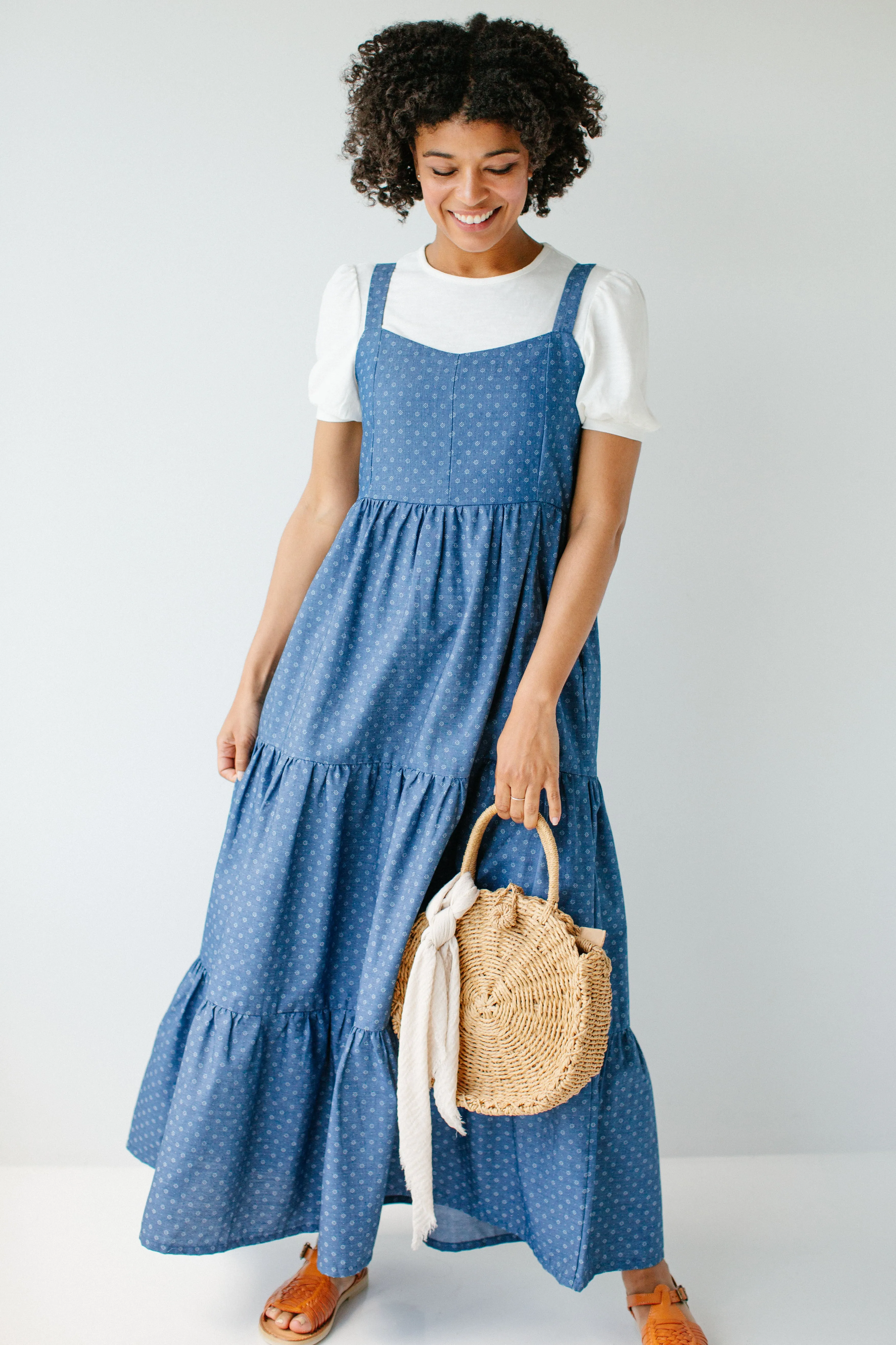 'Caprina' Printed Tiered Chambray Pinafore Dress in Deep Blue