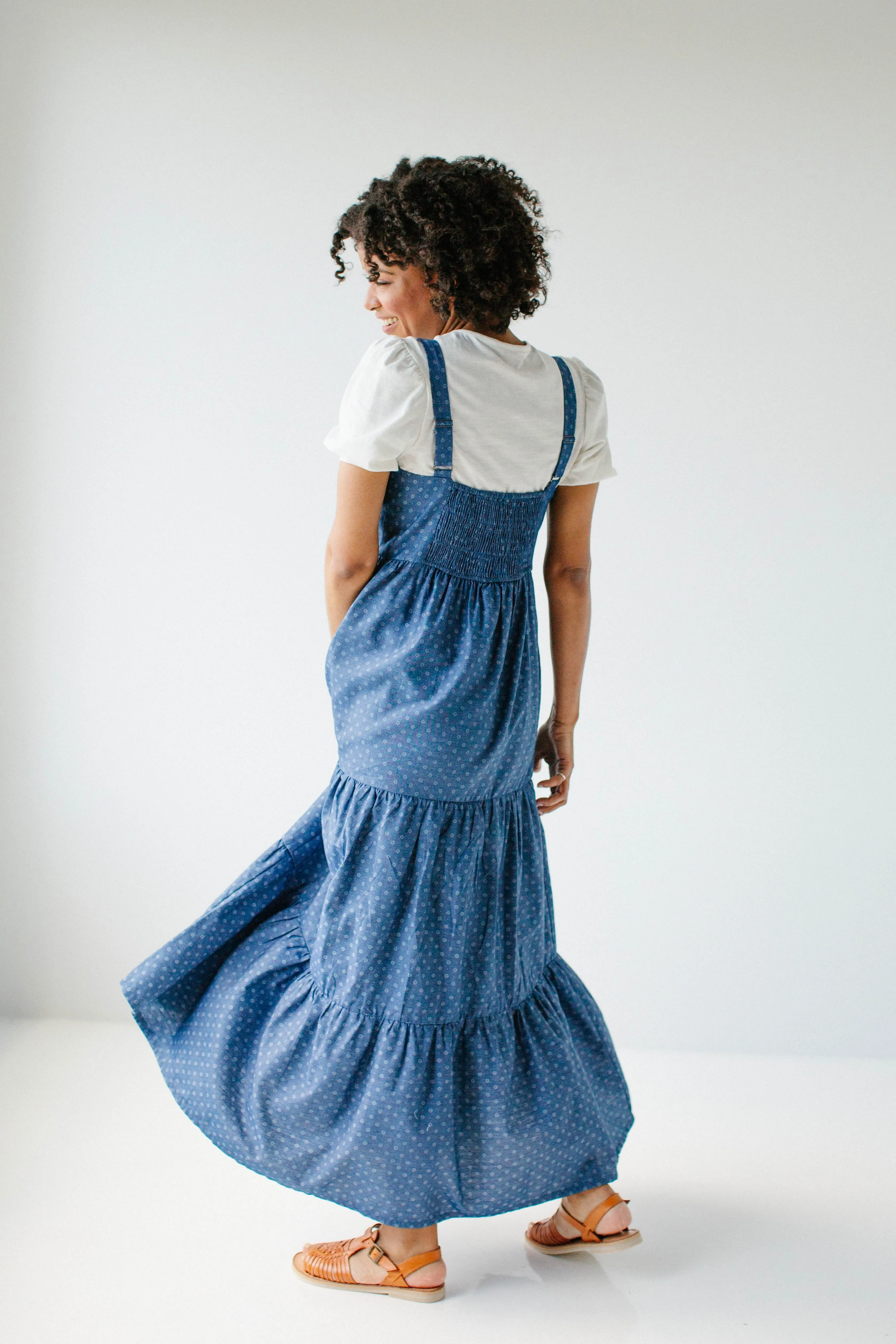 'Caprina' Printed Tiered Chambray Pinafore Dress in Deep Blue