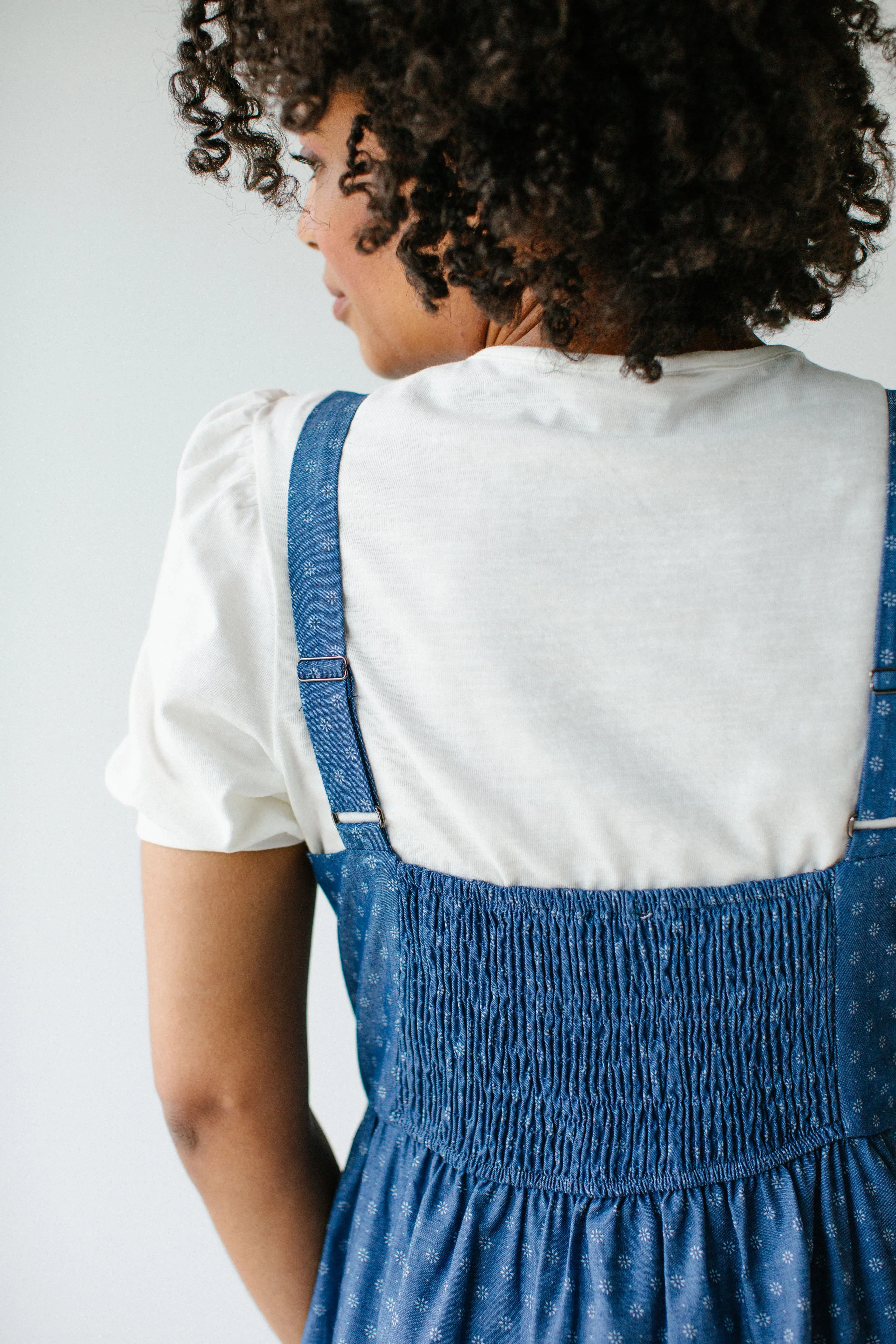 'Caprina' Printed Tiered Chambray Pinafore Dress in Deep Blue