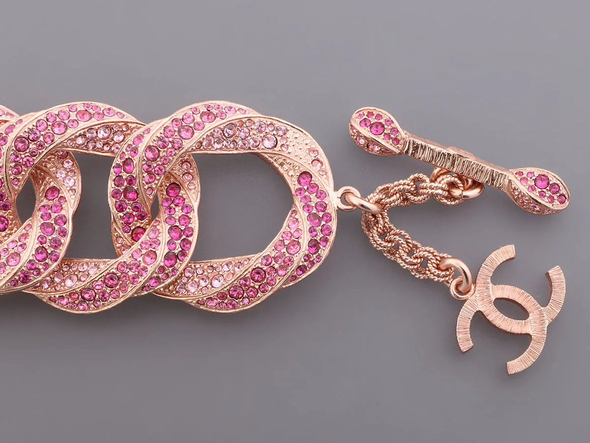 Chanel Rose Gold-Tone Pink Crystal Link Logo Bracelet