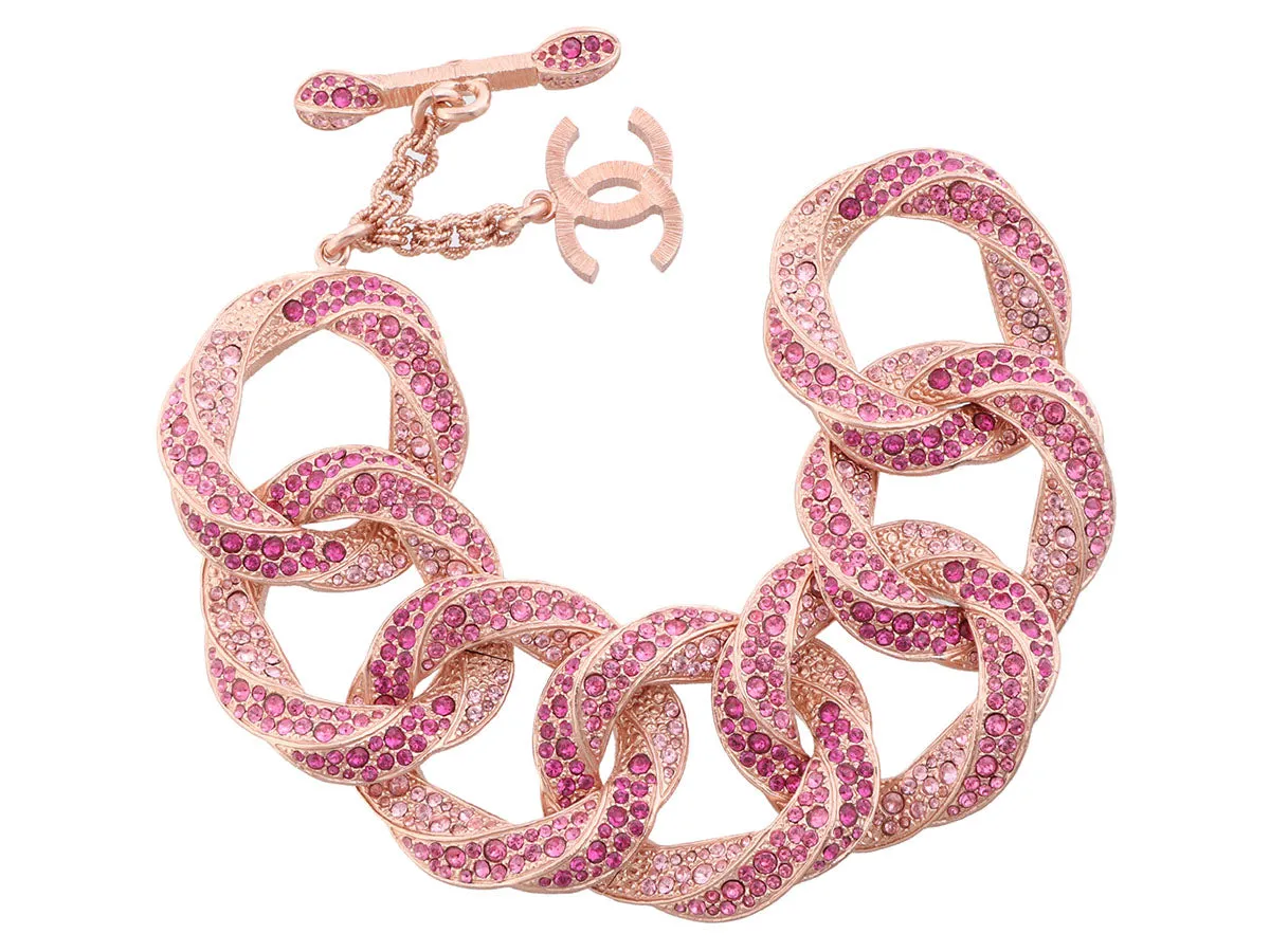 Chanel Rose Gold-Tone Pink Crystal Link Logo Bracelet