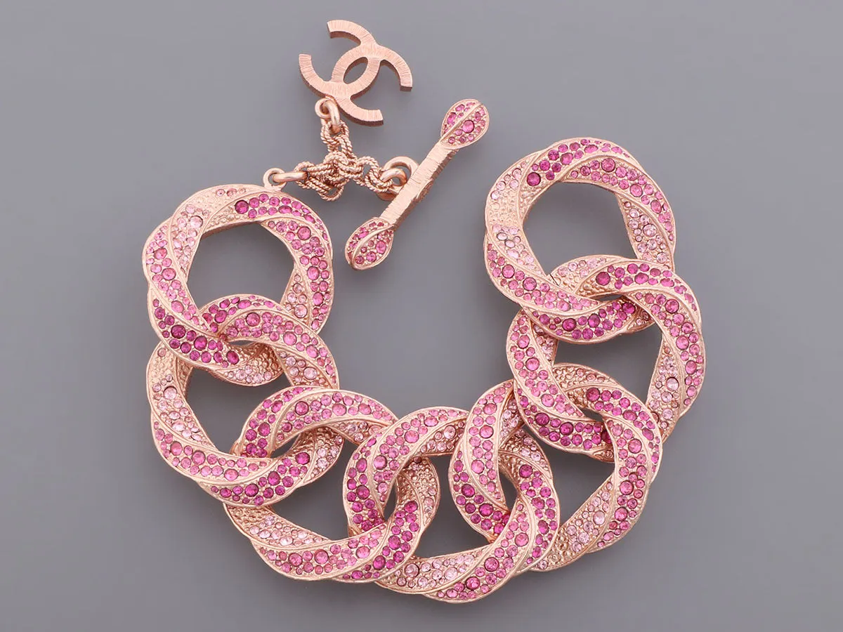 Chanel Rose Gold-Tone Pink Crystal Link Logo Bracelet