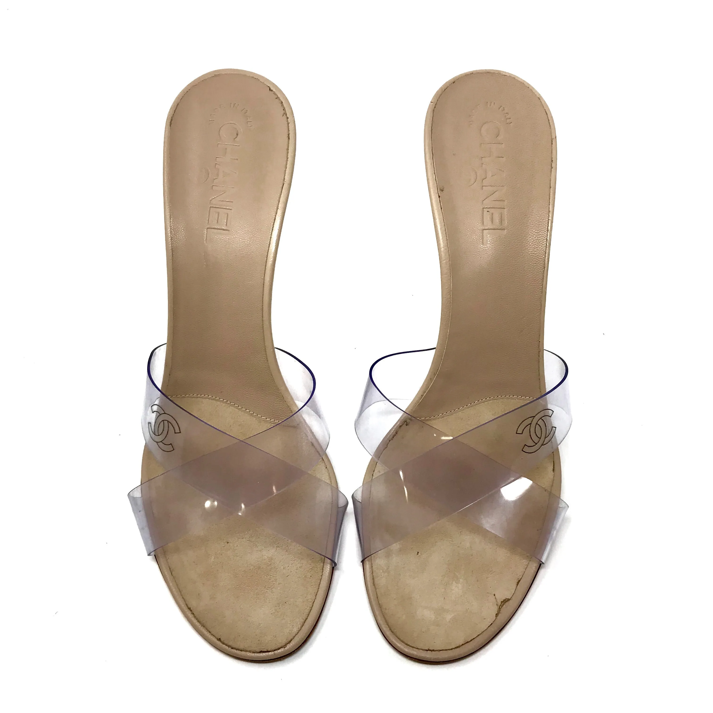 Chanel Tan Criss Cross Plexi Heels Size US10 | IT40.5