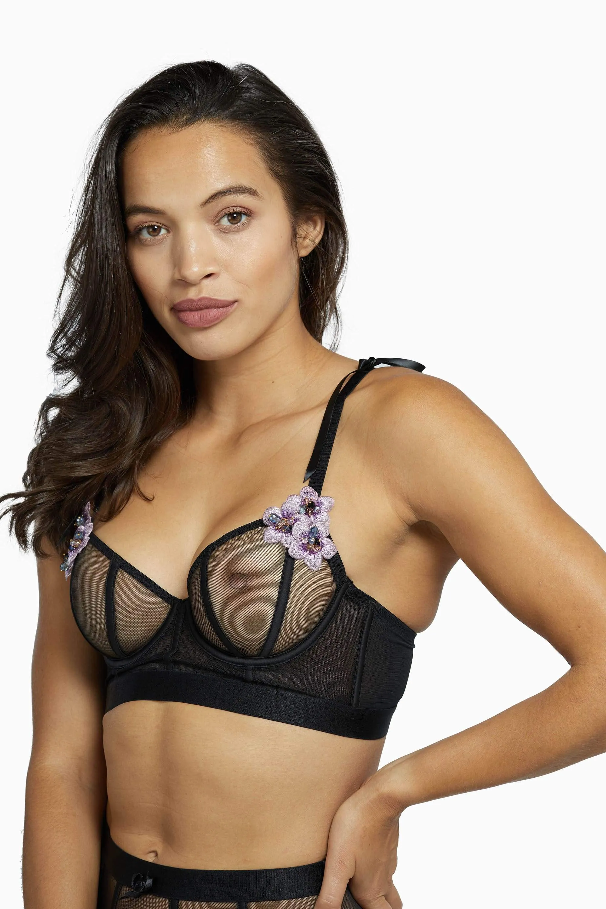 Colette Flower Applique Longline Mesh Bra