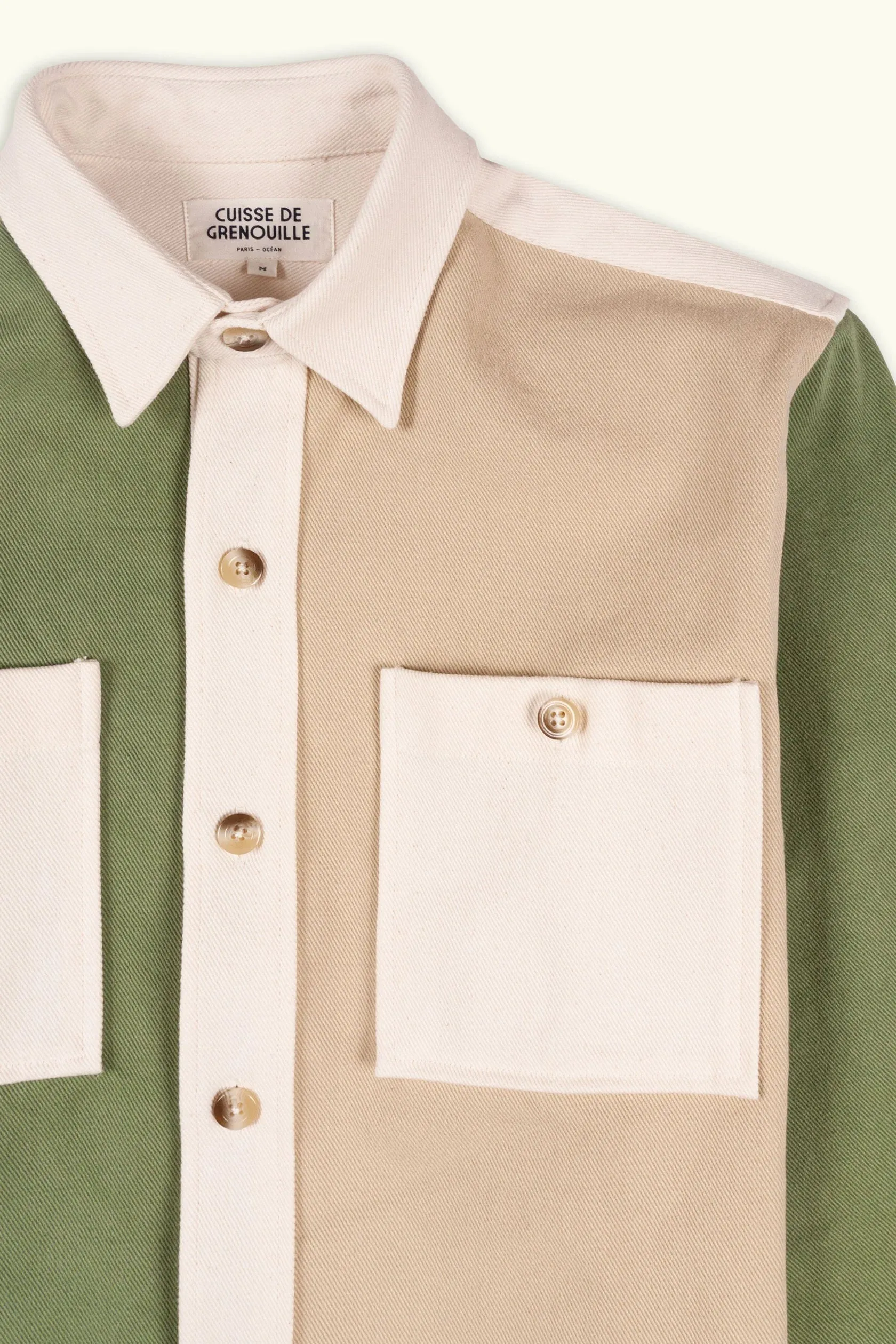 Cuisse de Grenouille Beige Ecru Green Colorblock Twill Paris Over Shirt