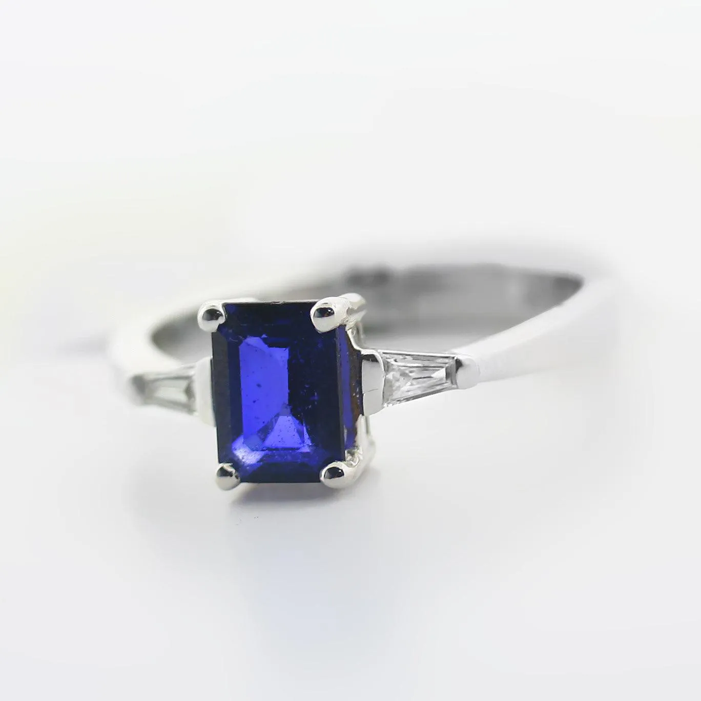 Emerald Cut Blue Sapphire and Diamond Ring