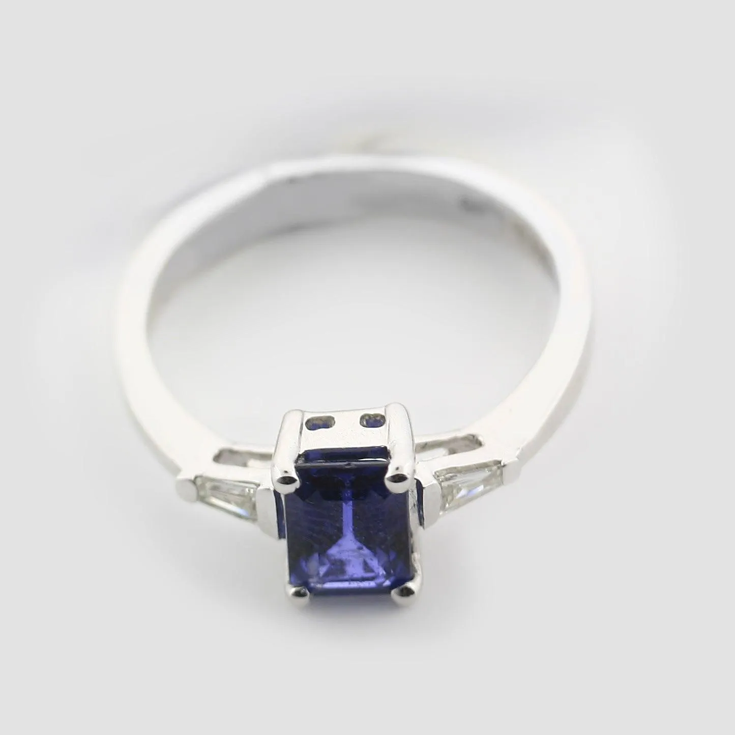 Emerald Cut Blue Sapphire and Diamond Ring