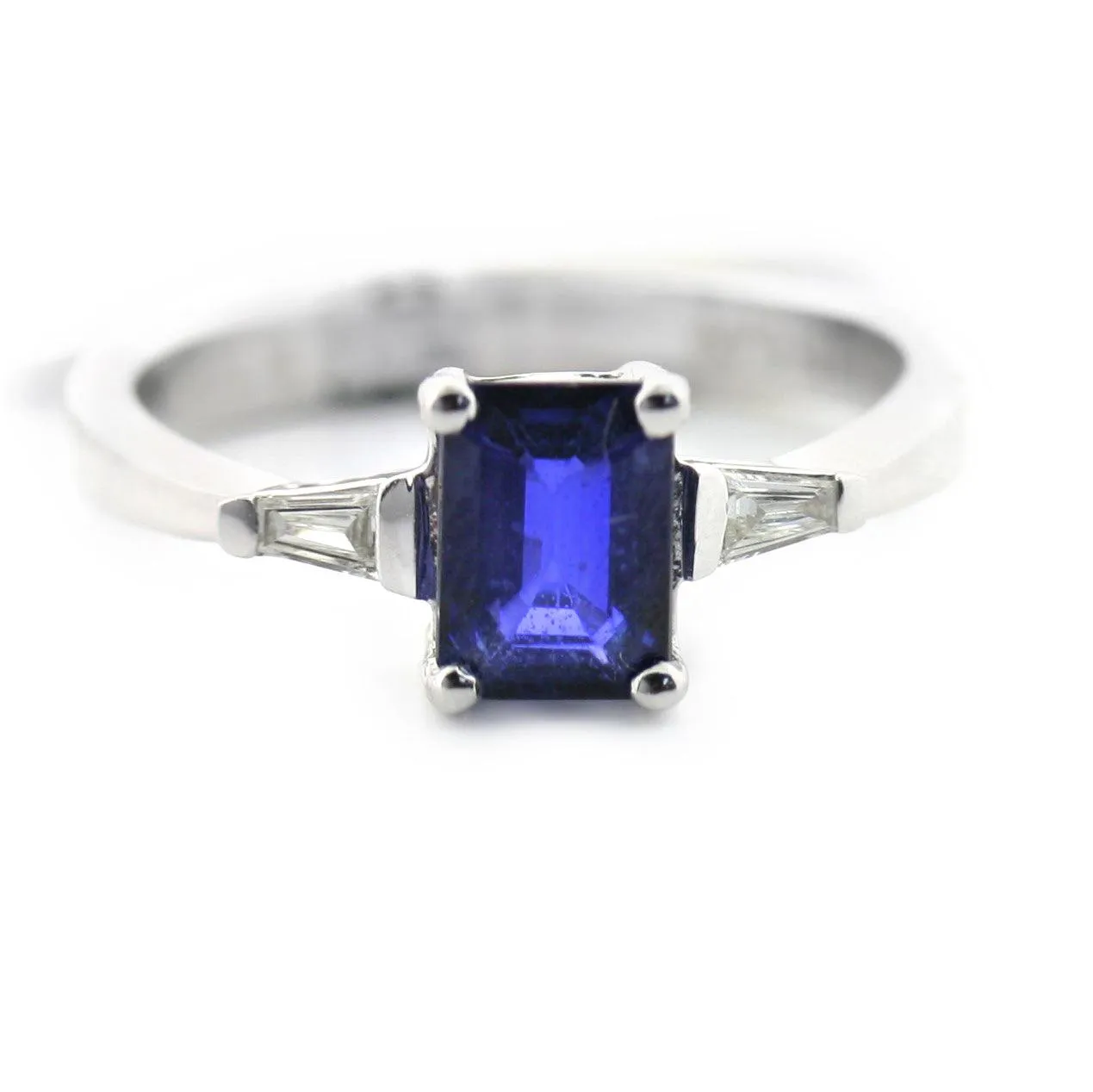 Emerald Cut Blue Sapphire and Diamond Ring