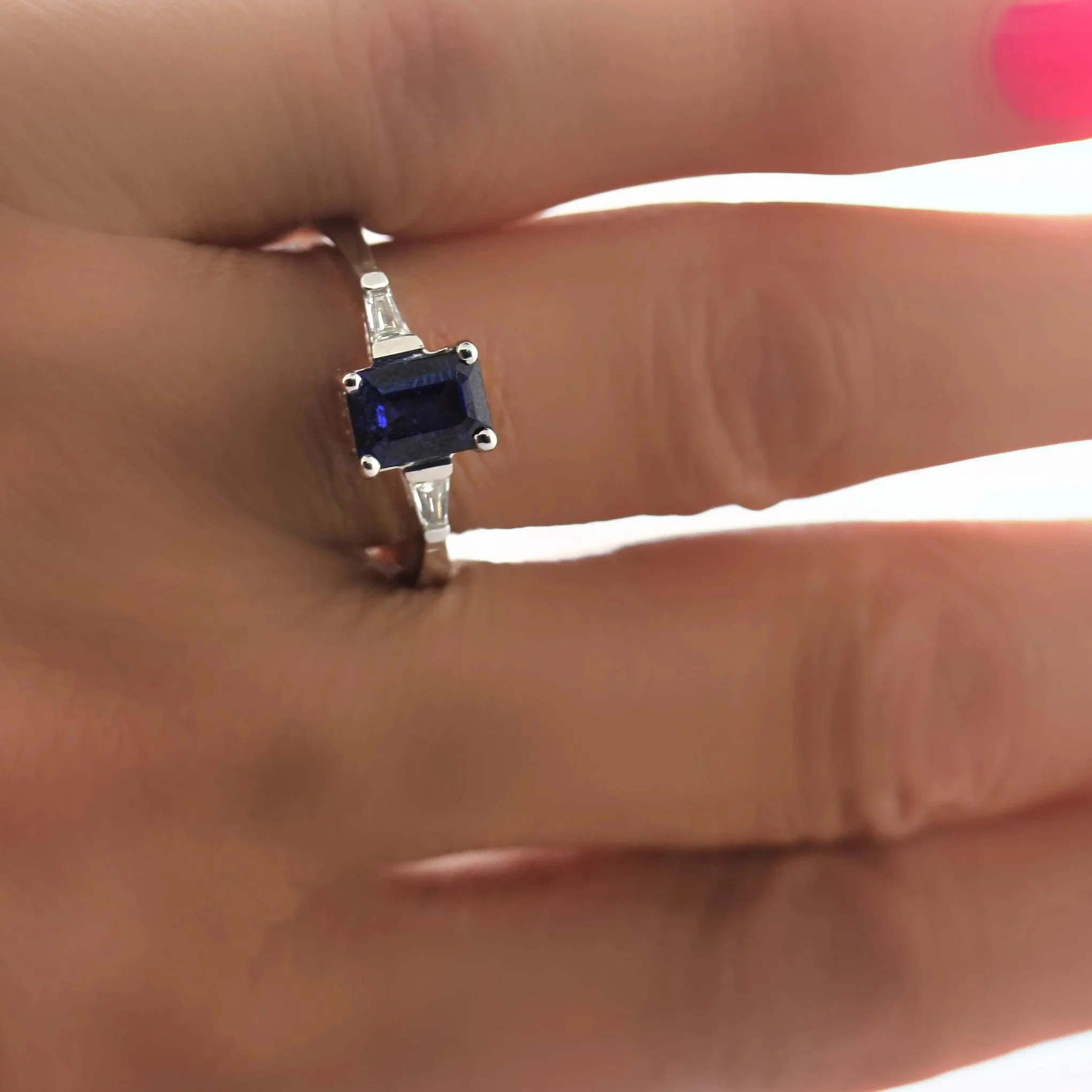 Emerald Cut Blue Sapphire and Diamond Ring