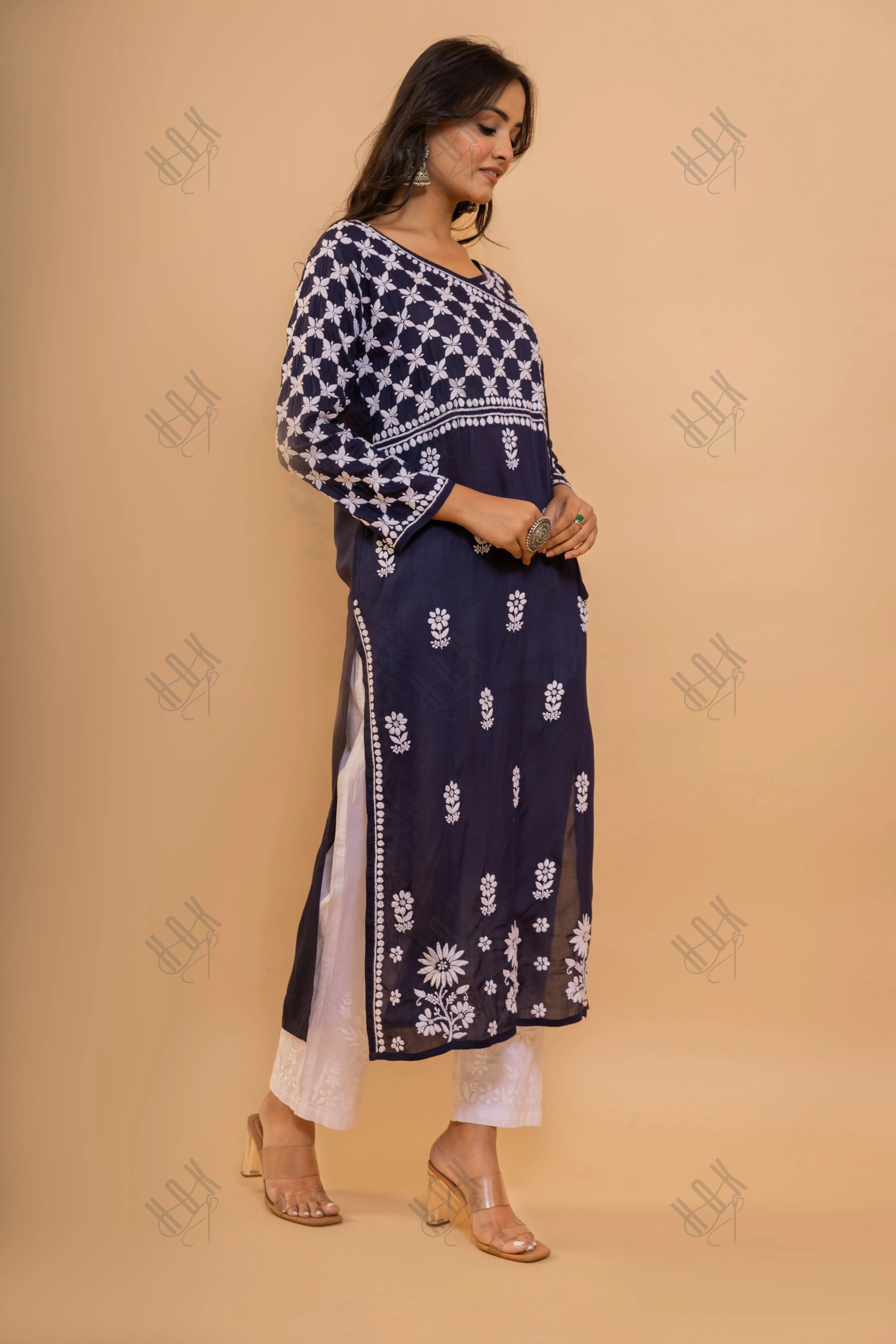 Fizaa Blue Modal Angrakha Style Kurta in Modal Cotton