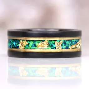 Green Fire Opal & Gold Leaf Wedding Band- 8mm Tungsten