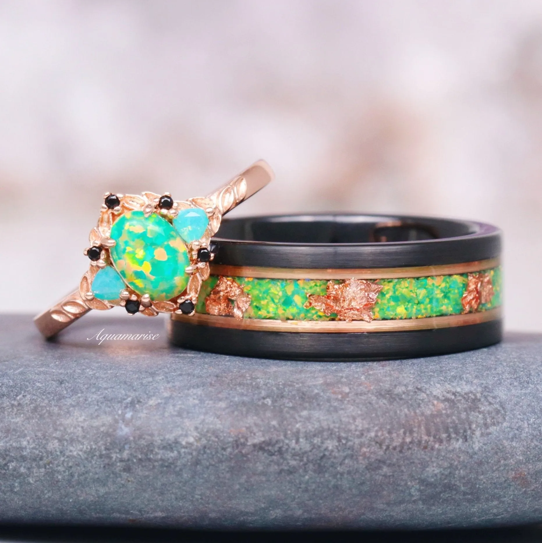 Green Fire Opal & Leaf Wedding Band- 8MM Rose Gold Tungsten