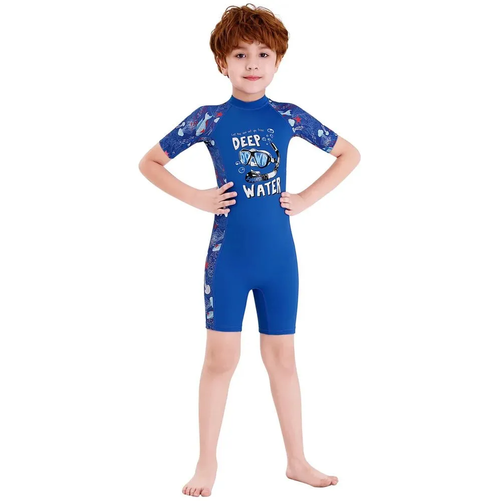 Half Sleeves Cobalt Blue Kids Swimwear Jellyfish printed Knee Length UPF 50 