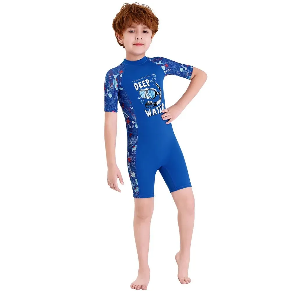 Half Sleeves Cobalt Blue Kids Swimwear Jellyfish printed Knee Length UPF 50 