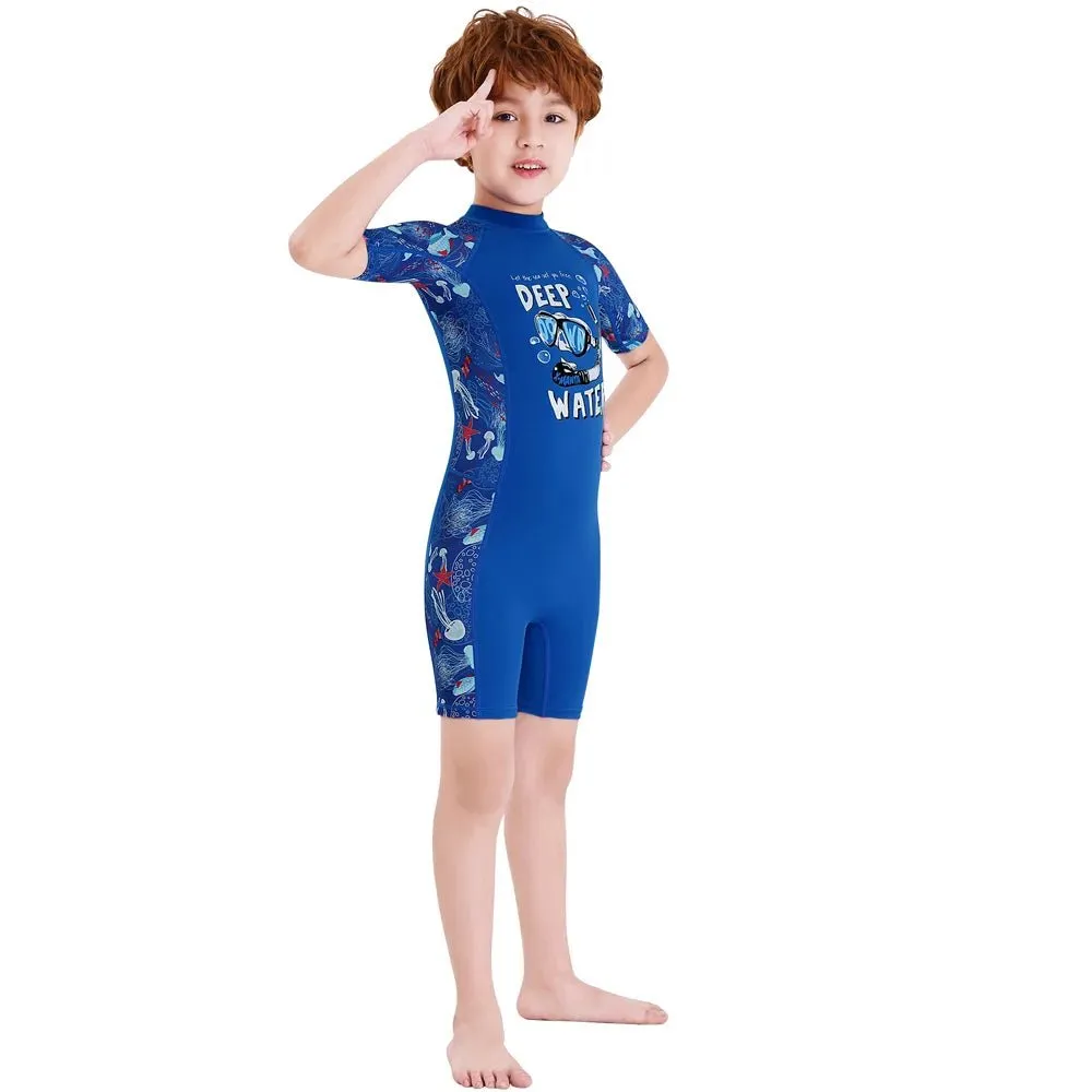 Half Sleeves Cobalt Blue Kids Swimwear Jellyfish printed Knee Length UPF 50 