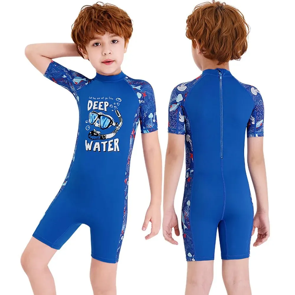 Half Sleeves Cobalt Blue Kids Swimwear Jellyfish printed Knee Length UPF 50 