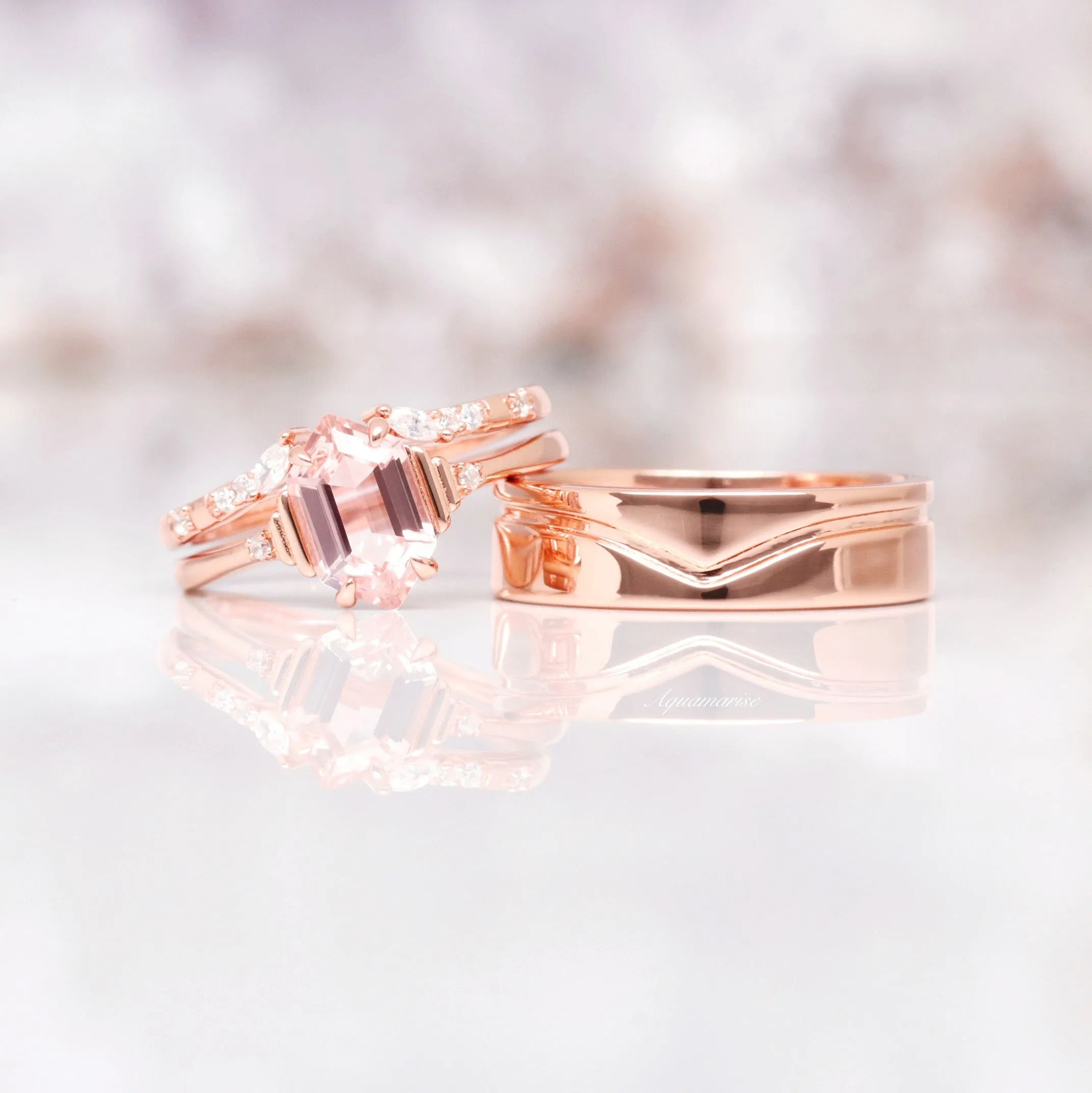 Hexagon Morganite Ring Set- 14K Rose Gold Vermeil