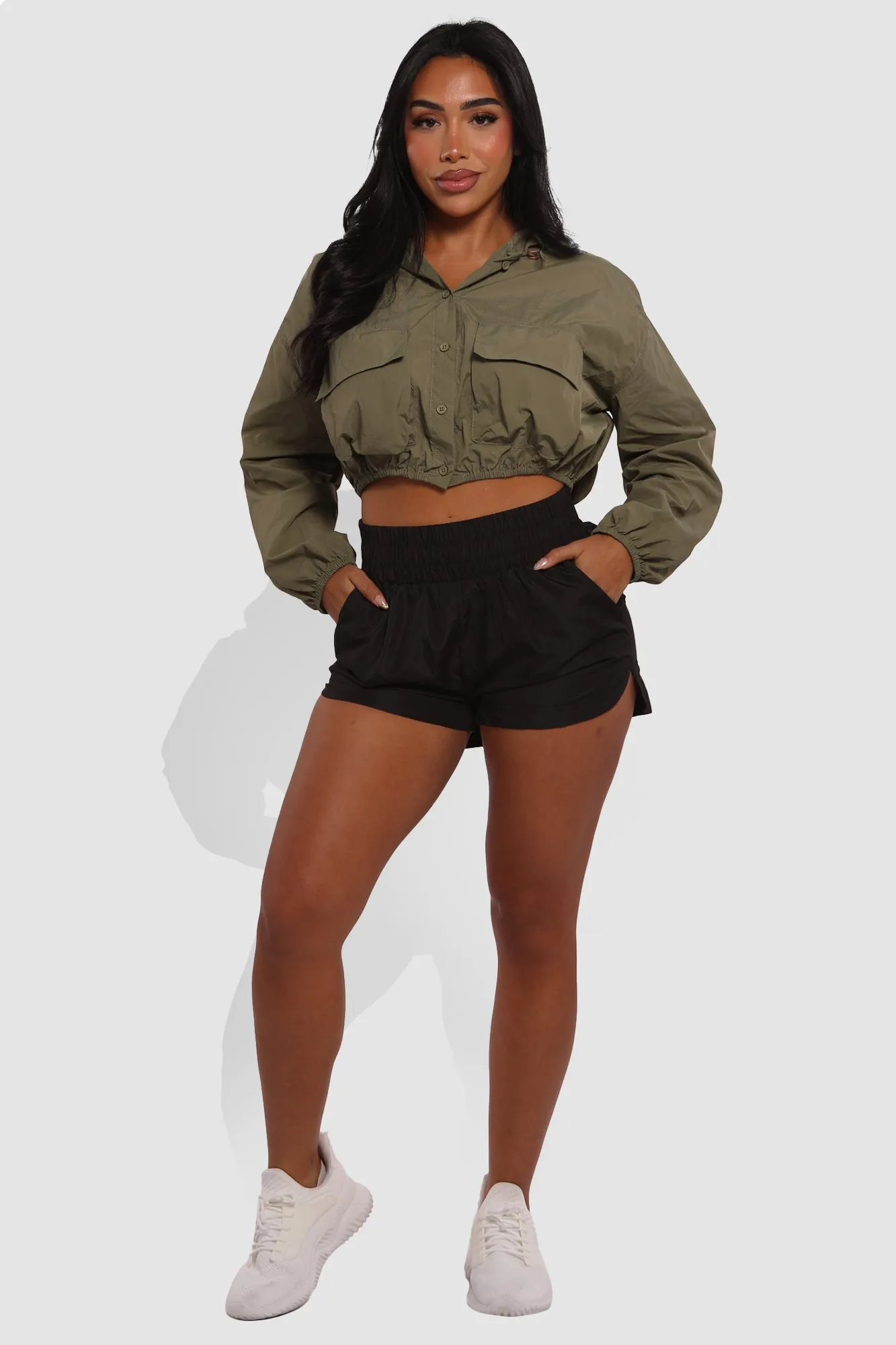 High Waist Windbreaker Hot Running Shorts - Black