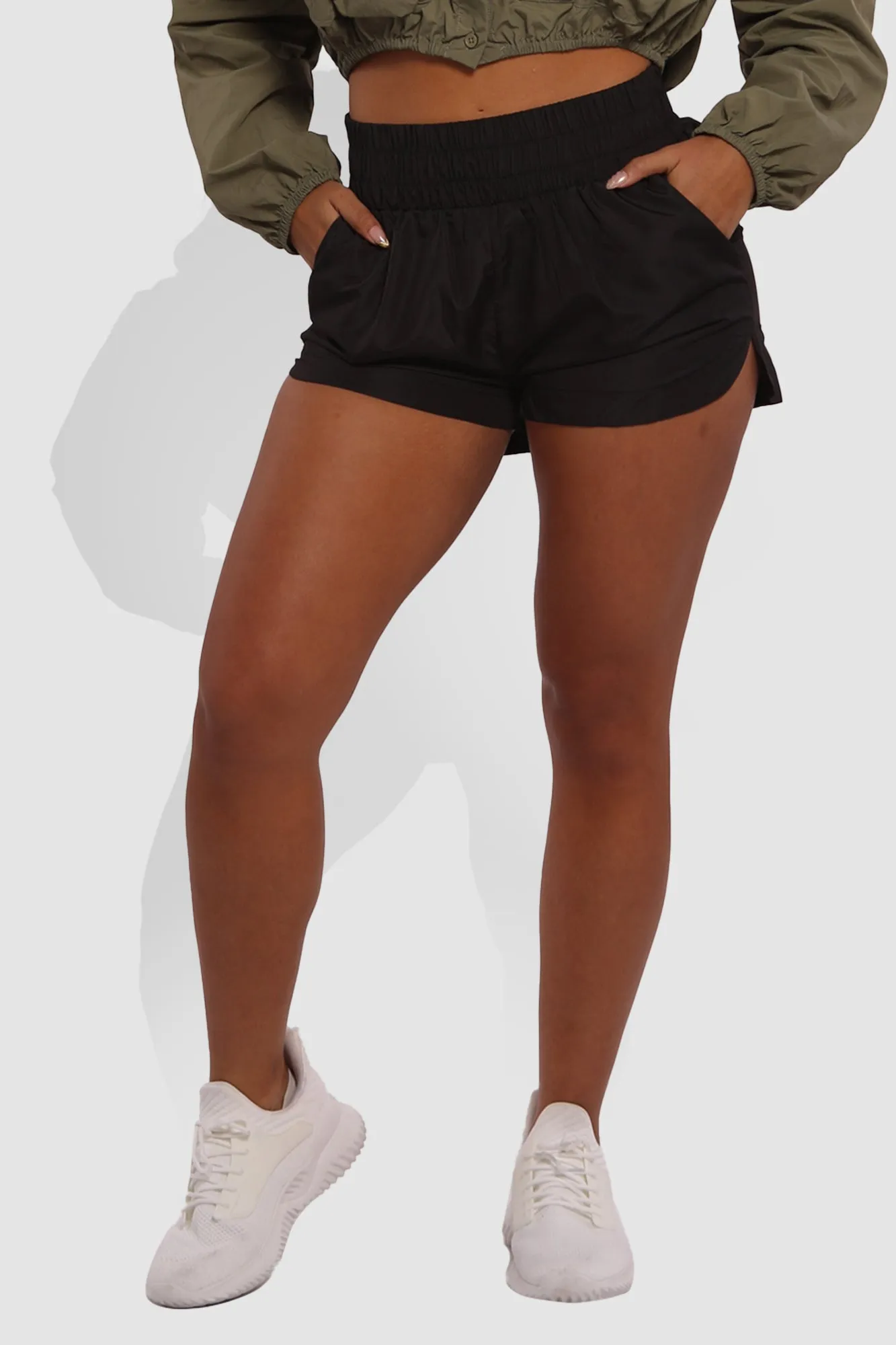 High Waist Windbreaker Hot Running Shorts - Black