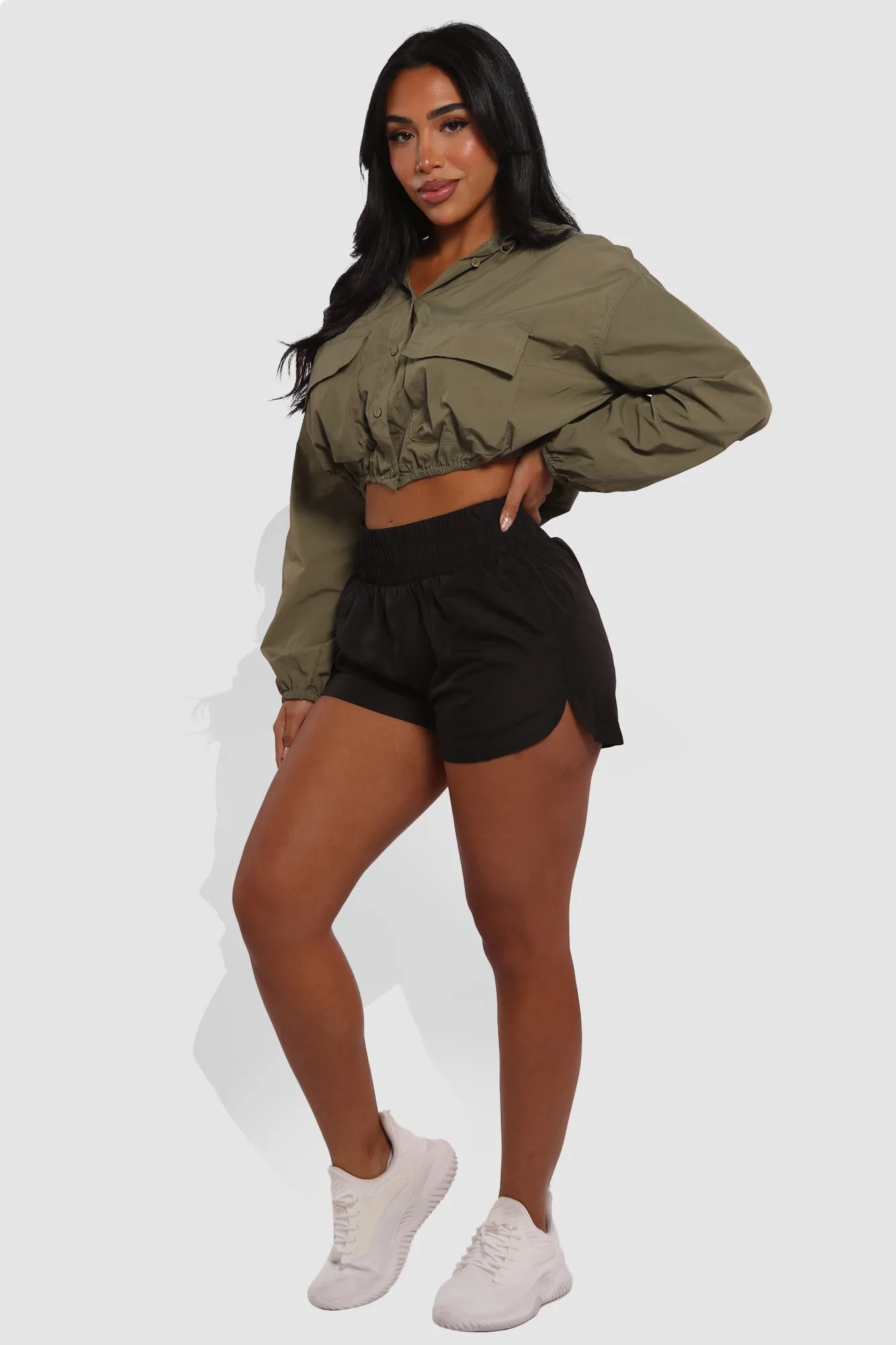 High Waist Windbreaker Hot Running Shorts - Black