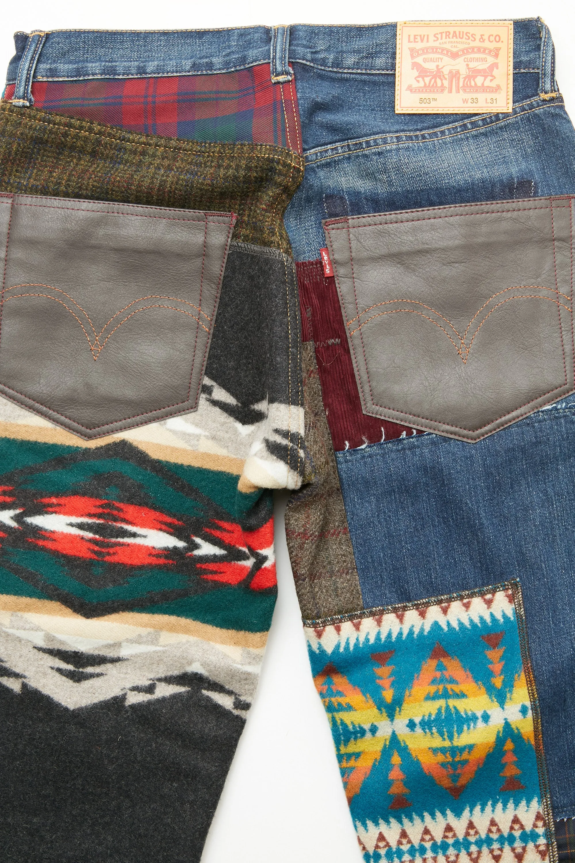 JUNYA WATANABE MAN cotton denim x multi fabrics mix Levi's, PENDLETON triple Pants - Indigo X MIX