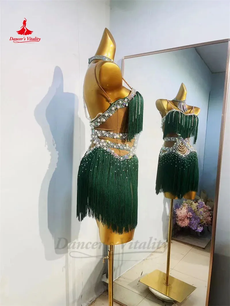 Latin Dance Fringe Dress for Women Custom Rumba Chacha Performance Tassel Skirt Adult Child Latin Dancing Professional Dresses