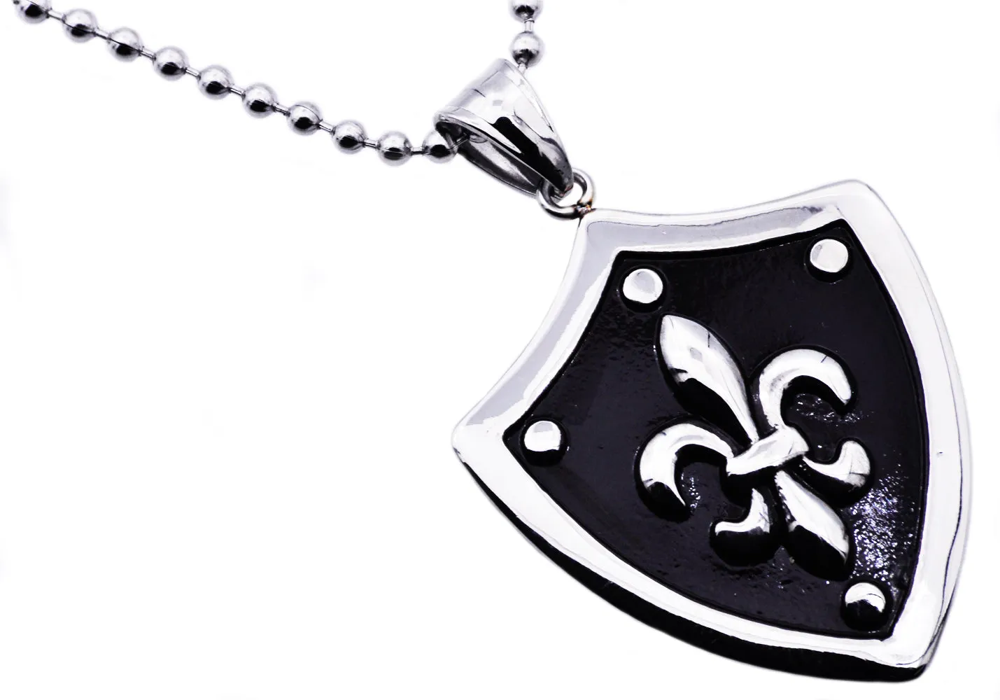 Mens Black Plated Stainless Steel Fleur De Lis Shield Pendant