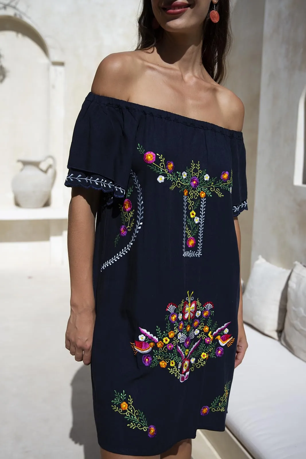 Off Shoulder Short Embroidered Floral Peasant Dress