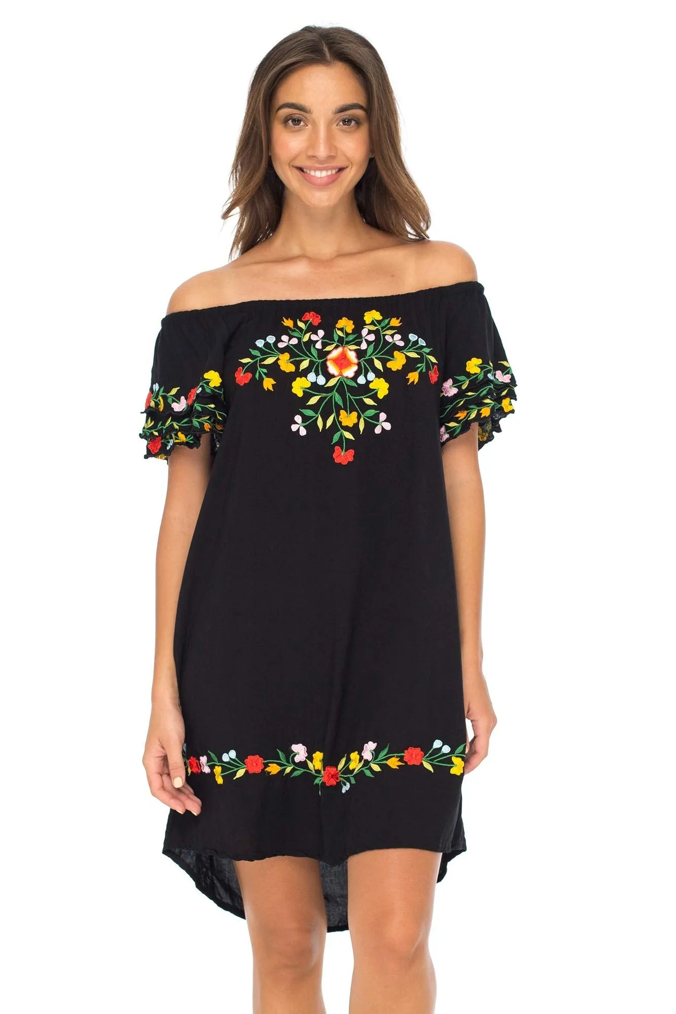 Off Shoulder Short Embroidered Floral Peasant Dress