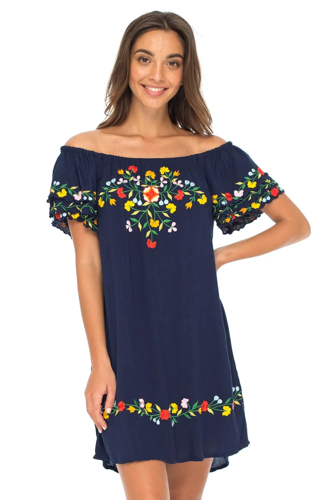 Off Shoulder Short Embroidered Floral Peasant Dress