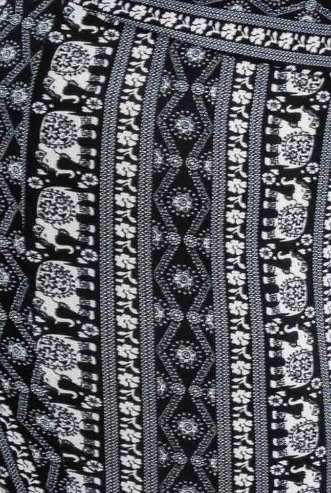 Plus Size High Waist Printed Soft Brushed Flare Pants - Black, White Elephant Boho