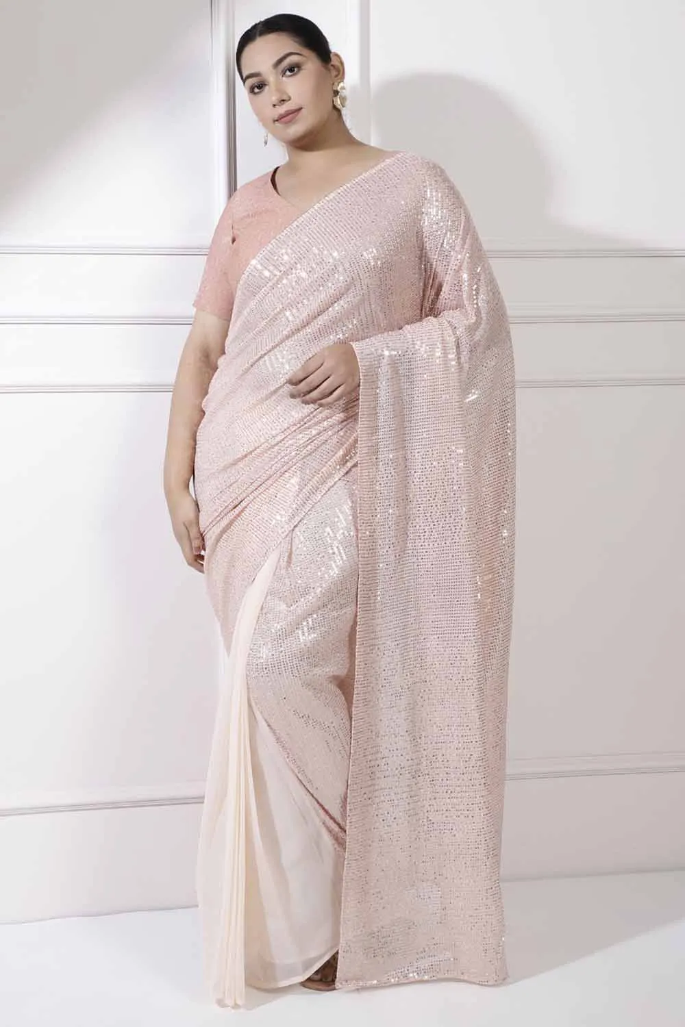 Plus Size Peach Sequence Readymade Party Saree