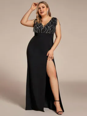 Plus Size V-Neck Front Slit Sleeveless with Tassel Mother of the Bride Dress