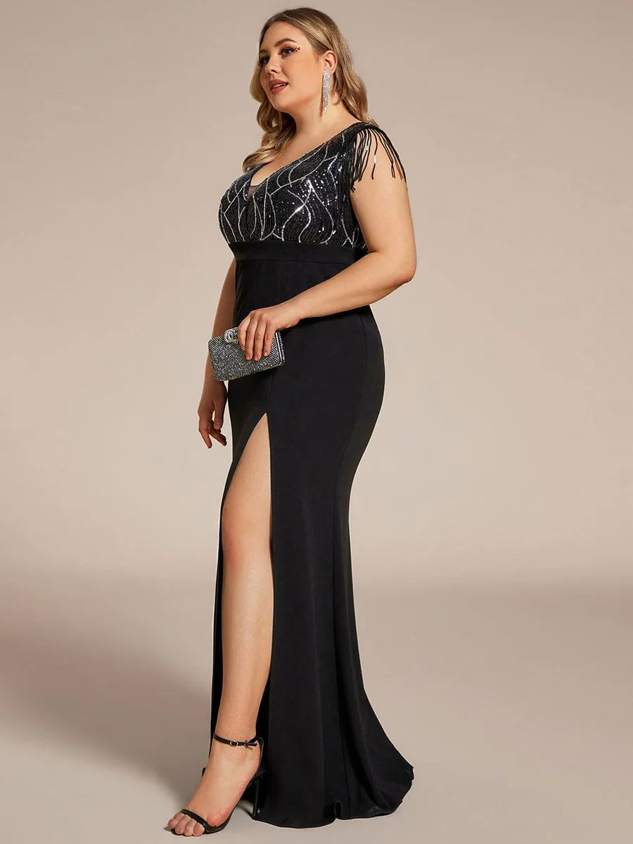 Plus Size V-Neck Front Slit Sleeveless with Tassel Mother of the Bride Dress