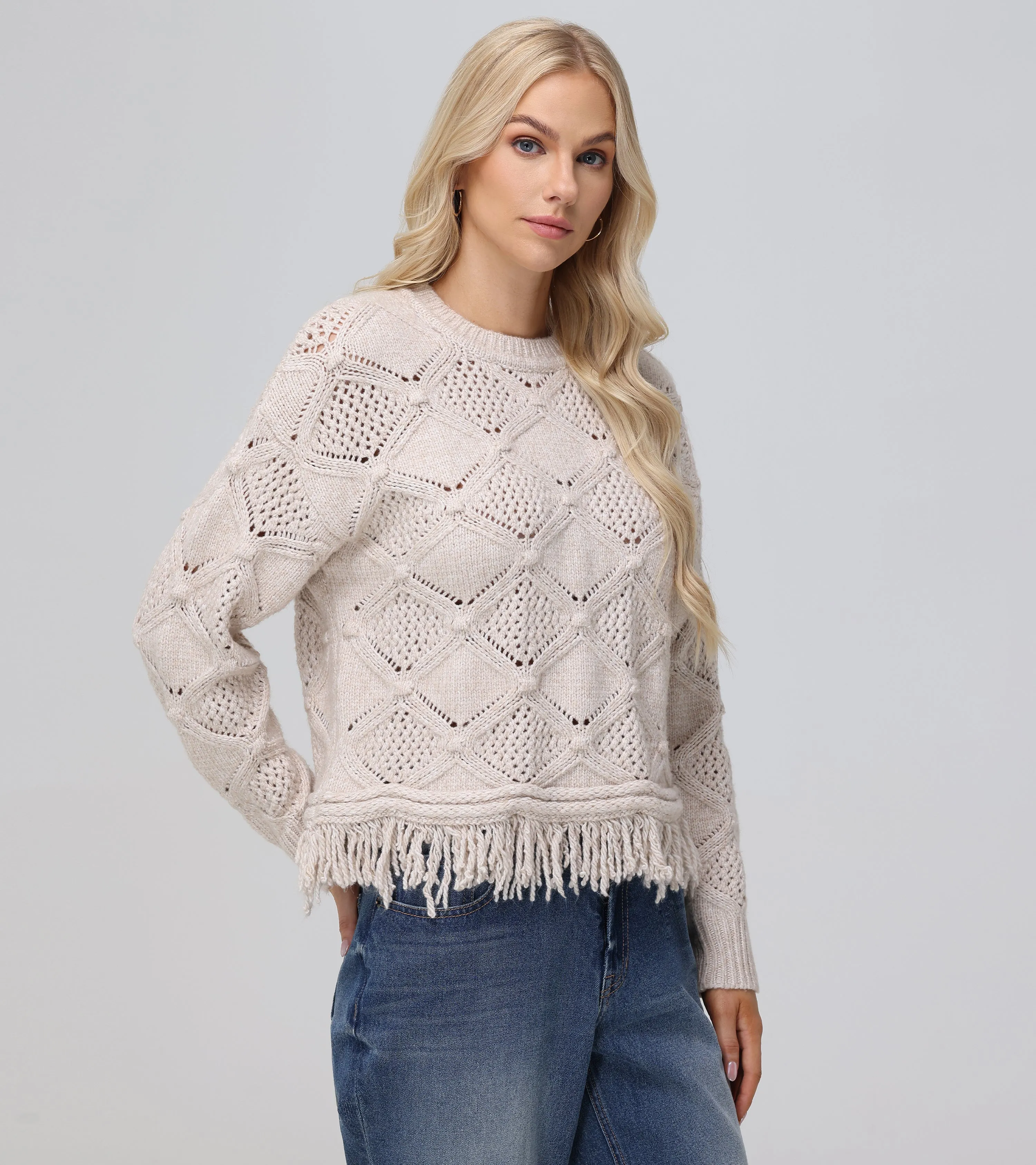 Pointelle Fringe Pullover