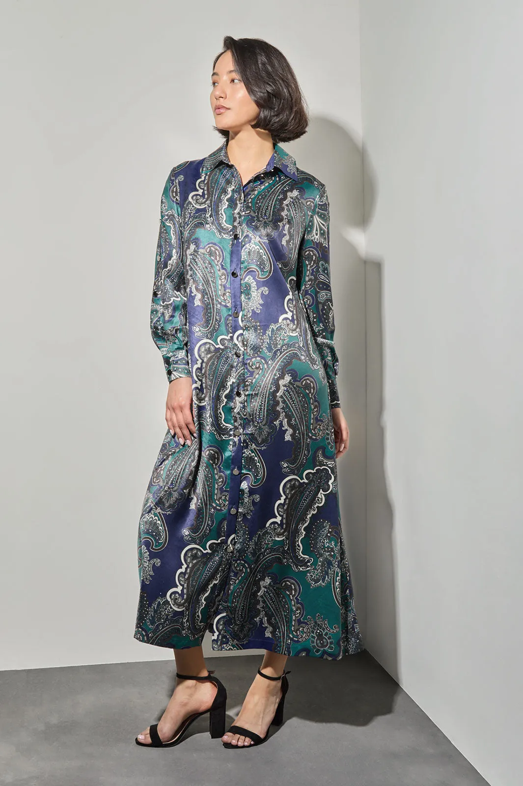 Printed Paisley Charmeuse Maxi Shirt Dress