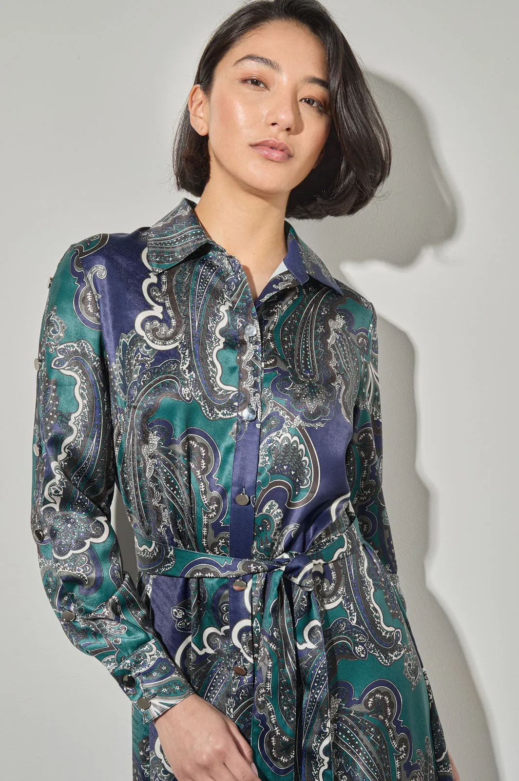 Printed Paisley Charmeuse Maxi Shirt Dress