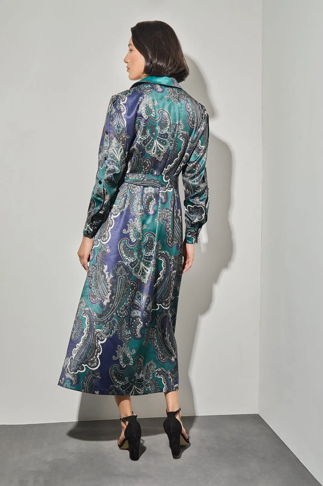 Printed Paisley Charmeuse Maxi Shirt Dress