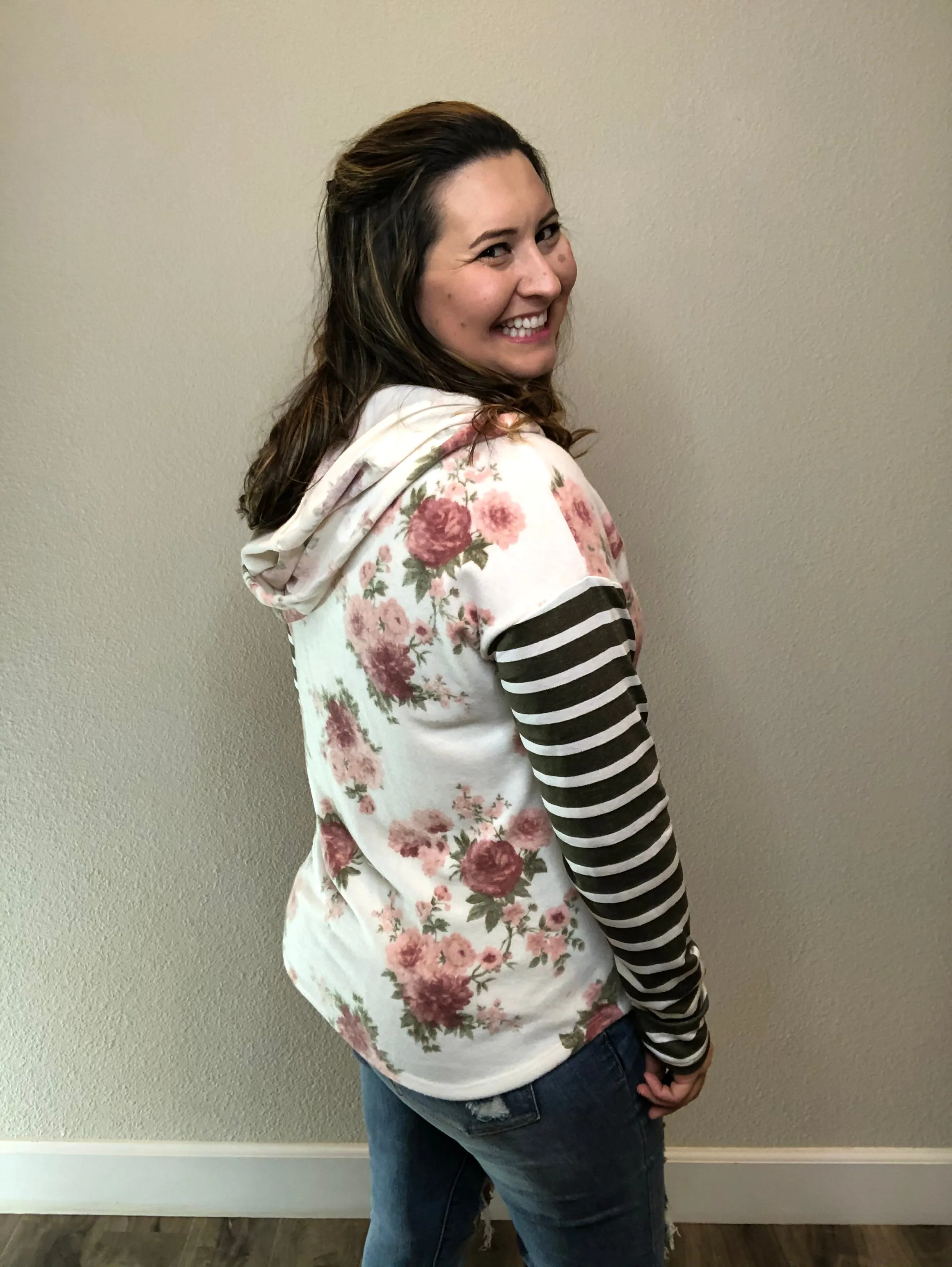 "Georgia" Floral with Stripe Sleeve Hoodie