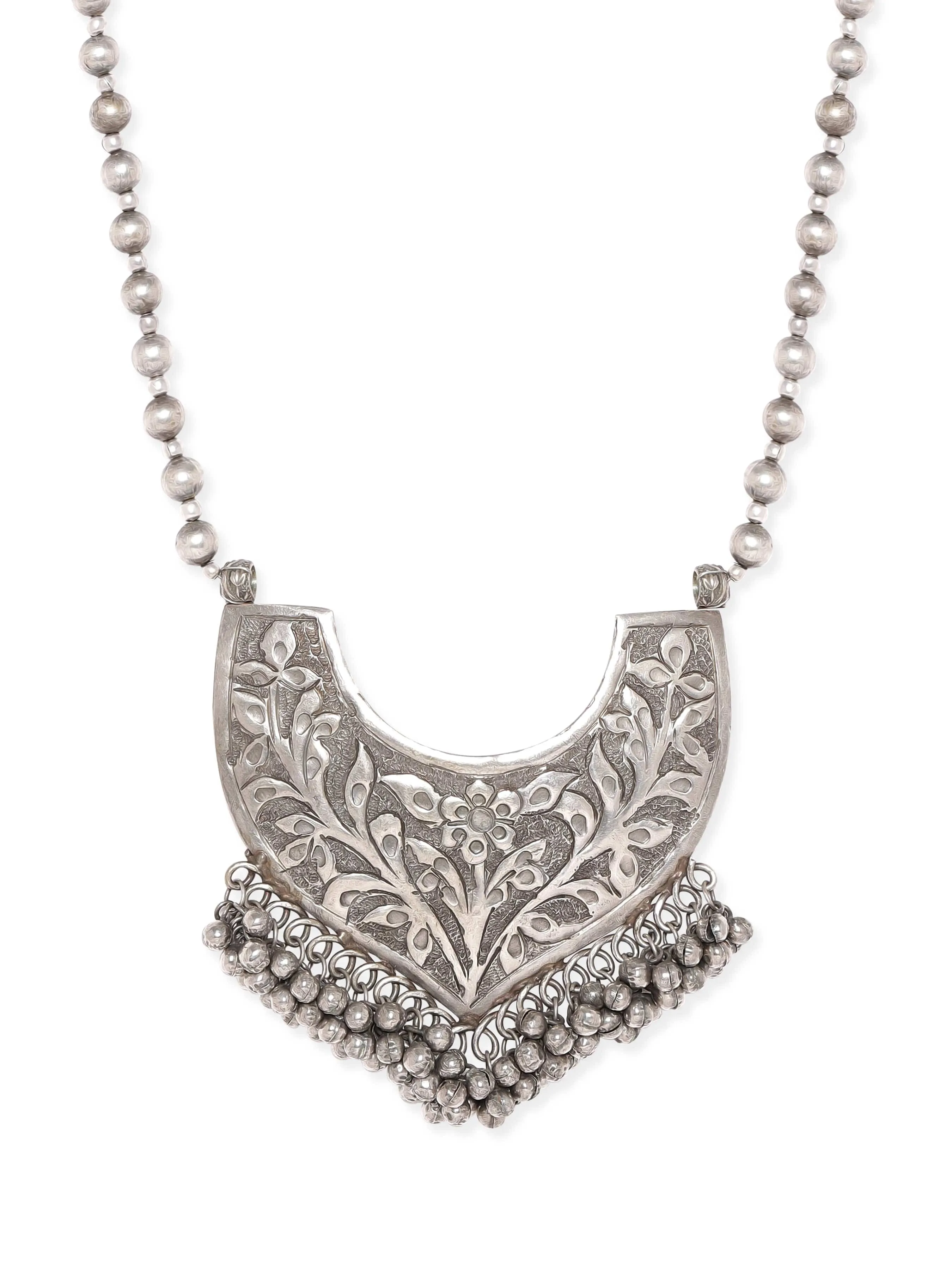 Rubans Oxidized Silver Plated Embossed Statement Pendant & ghungroo detail Long Necklace