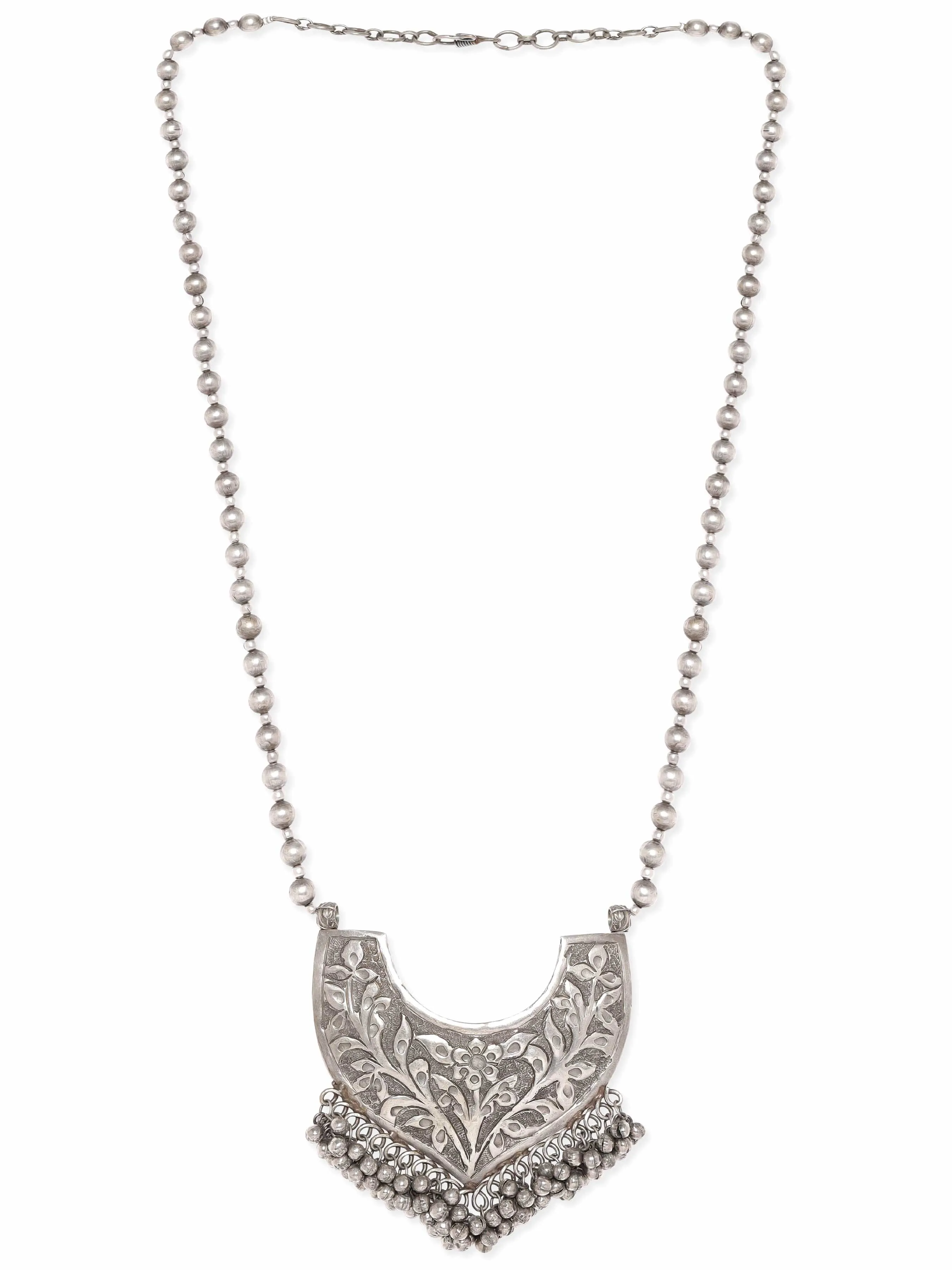 Rubans Oxidized Silver Plated Embossed Statement Pendant & ghungroo detail Long Necklace