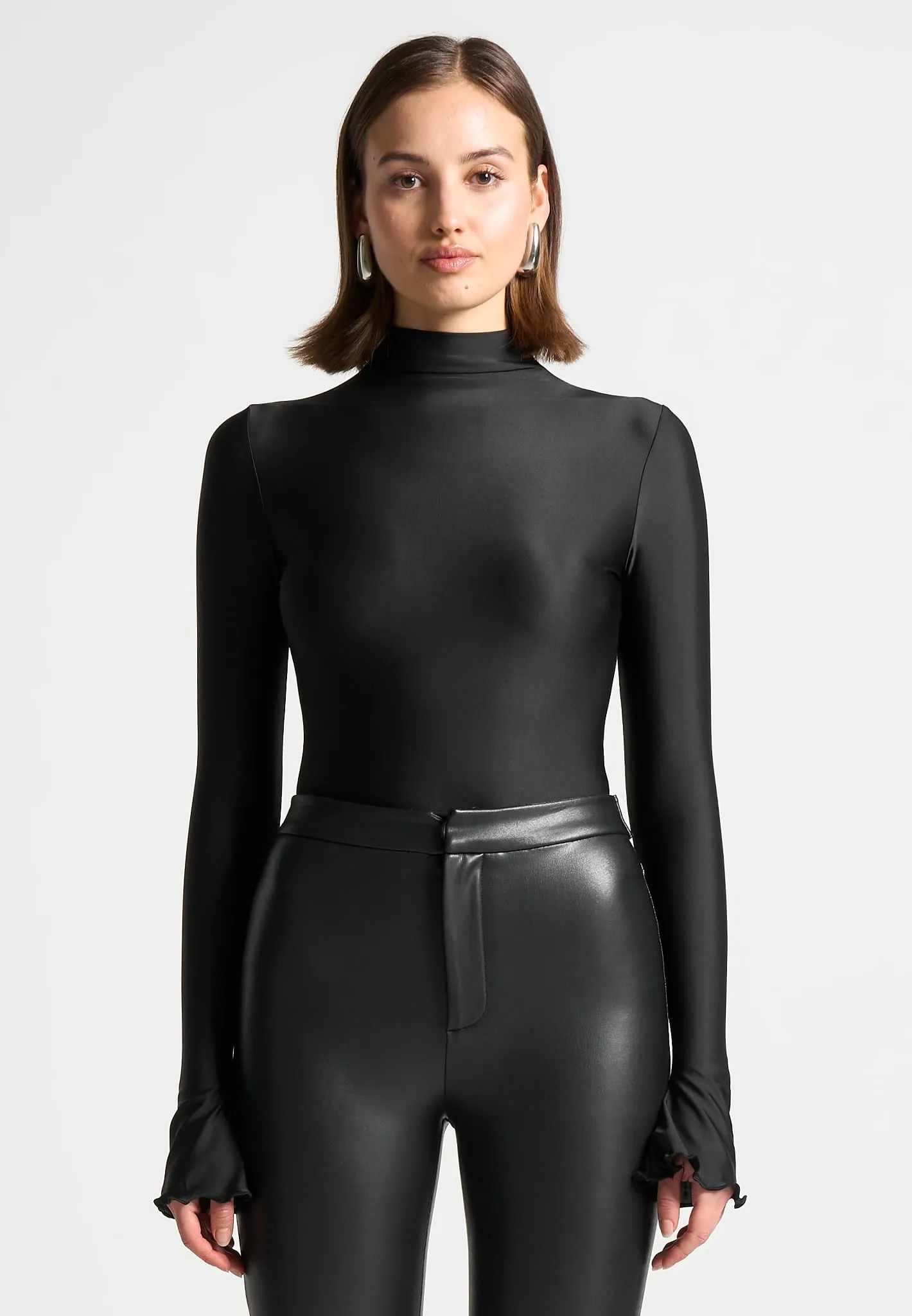 Ruffle Cuff Mock Neck Bodysuit