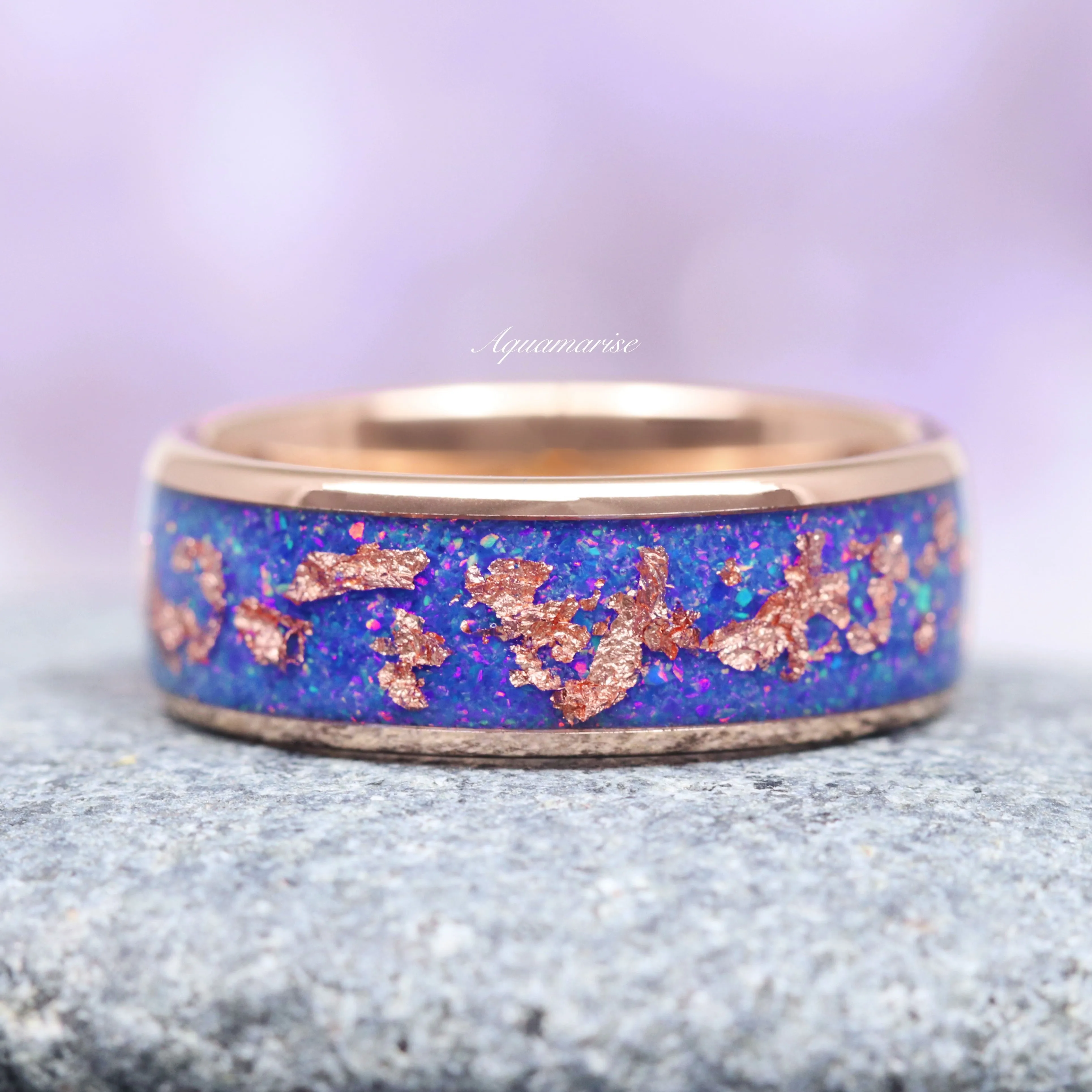 Starry Night Van Gogh Fire Opal Wedding Band- 8MM Rose Gold Tungsten